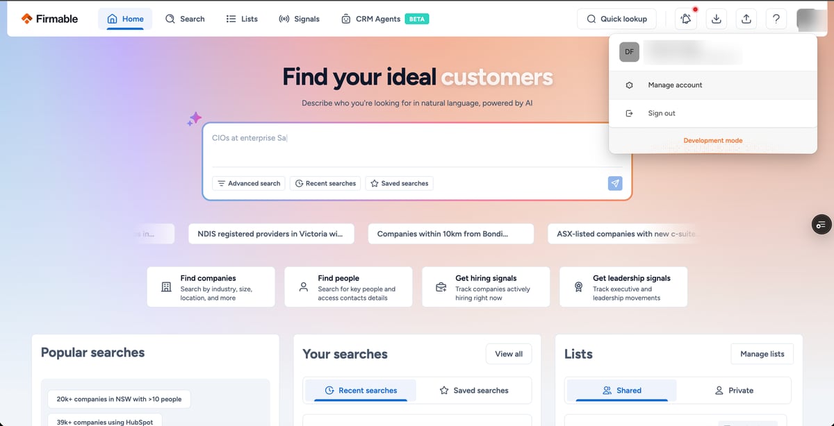 Firmable app with the profile menu open showing Manage account