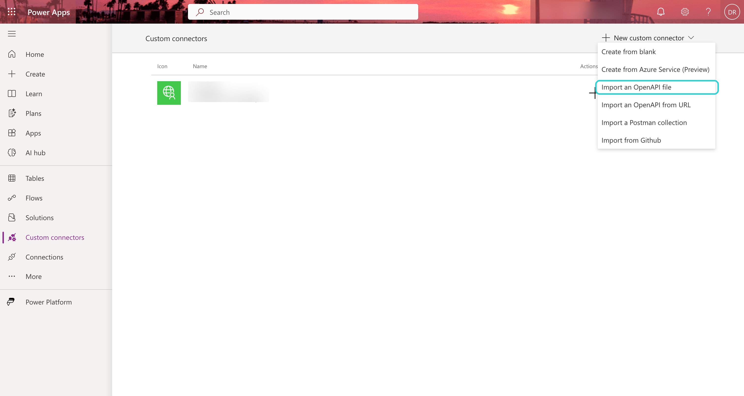 Power Apps Custom connectors page with the New custom connector menu open and Import an OpenAPI file highlighted
