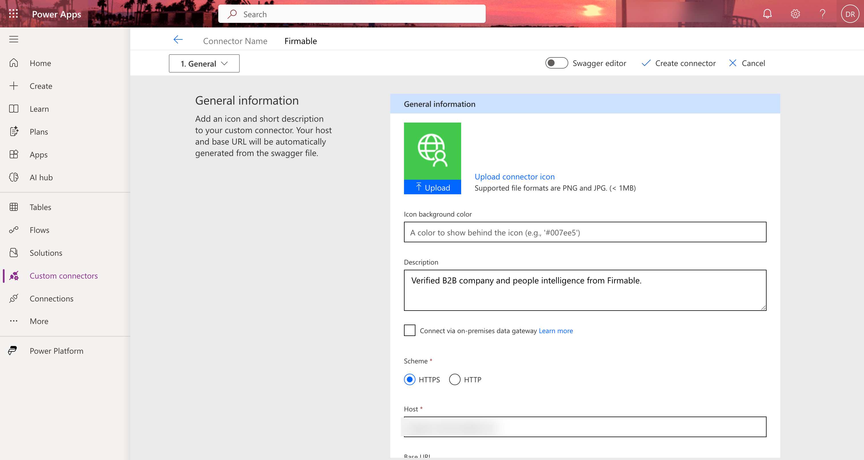 The General page of the newly imported connector, with the host and description filled in from the OpenAPI file