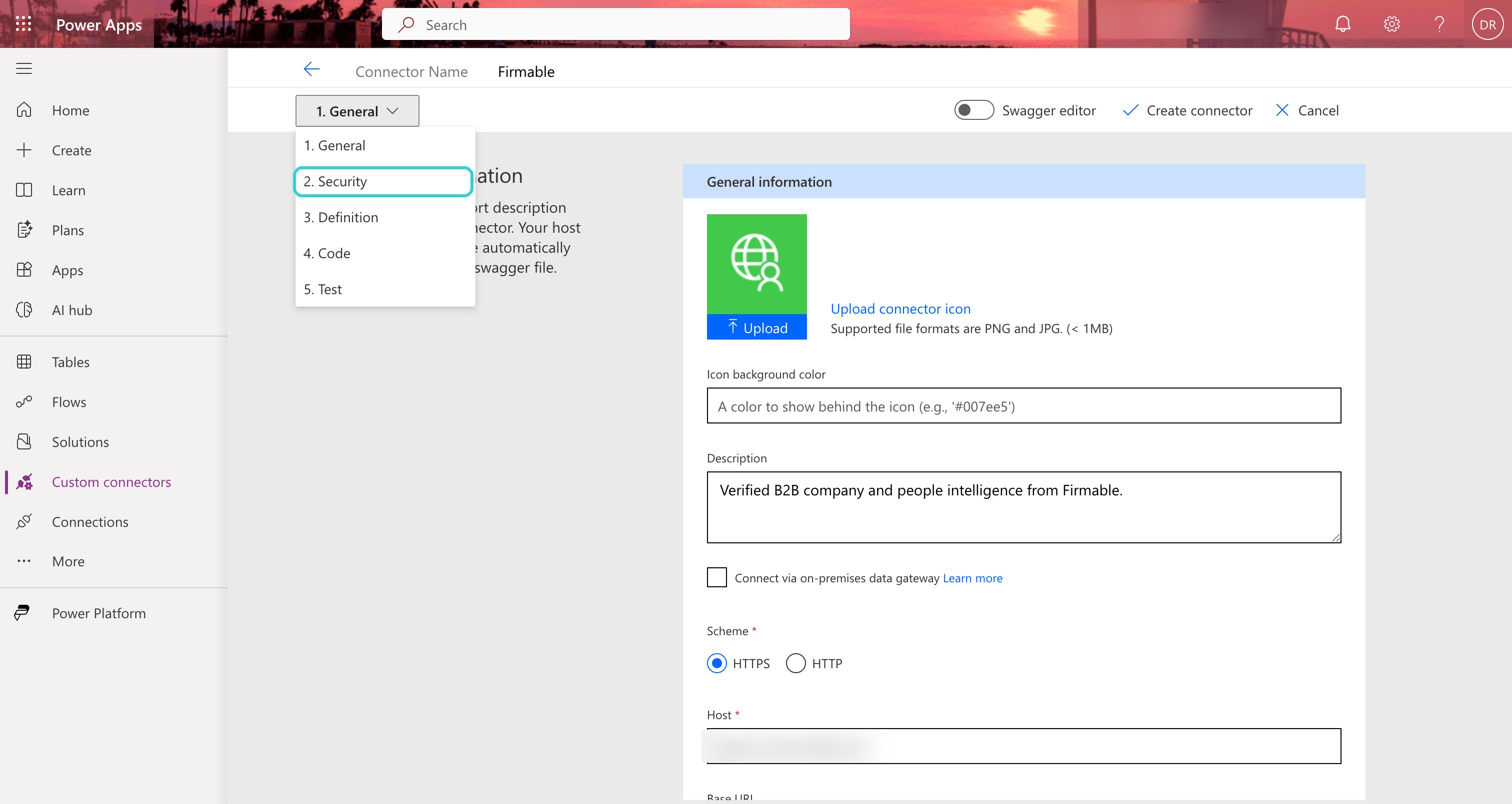 The connector step dropdown open with 2. Security highlighted