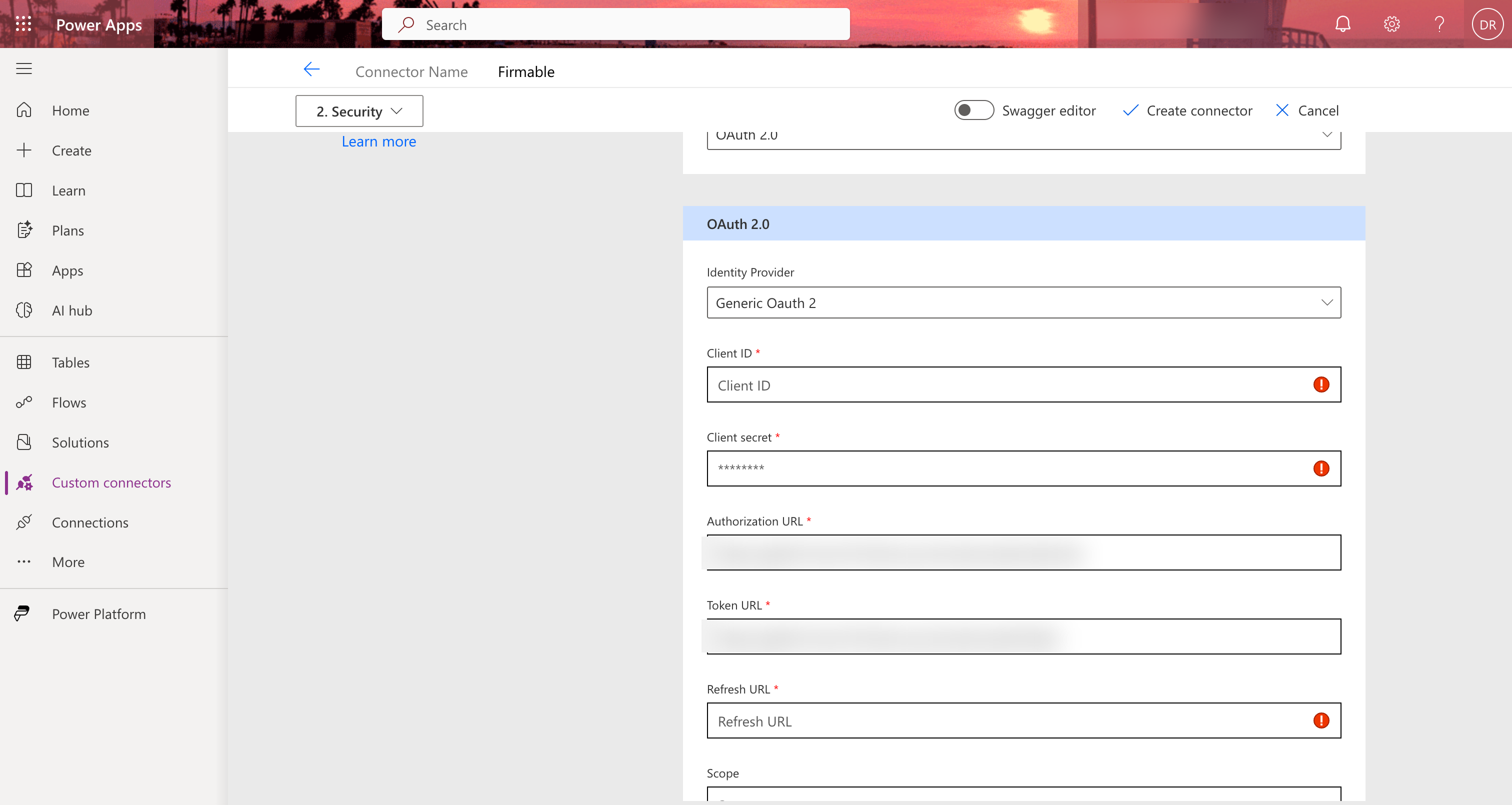 Connector Security section with the Authorization URL and Token URL already filled in from the file, and Client ID, Client secret and Refresh URL still empty