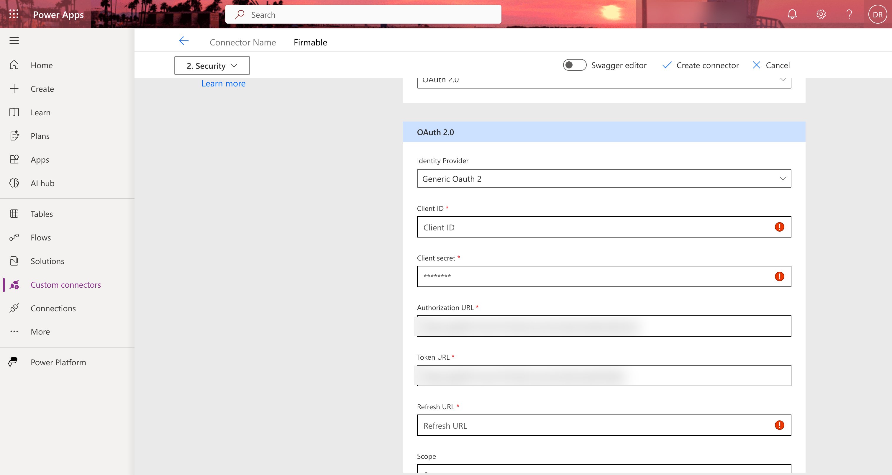 Connector Security section with the Authorization URL and Token URL already filled in from the file, and Client ID, Client secret and Refresh URL still empty