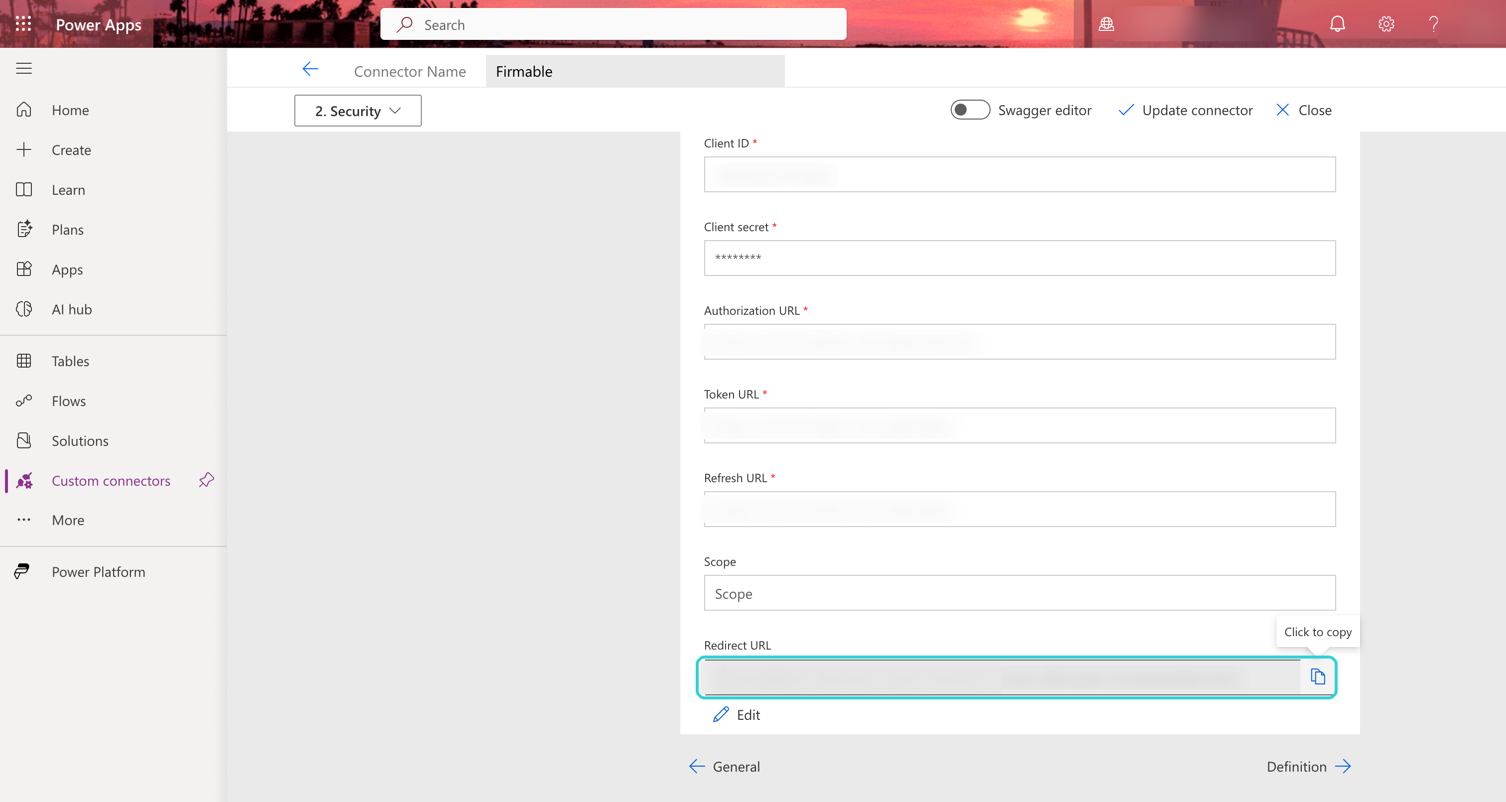 Connector Security section with the Redirect URL field and its copy button highlighted