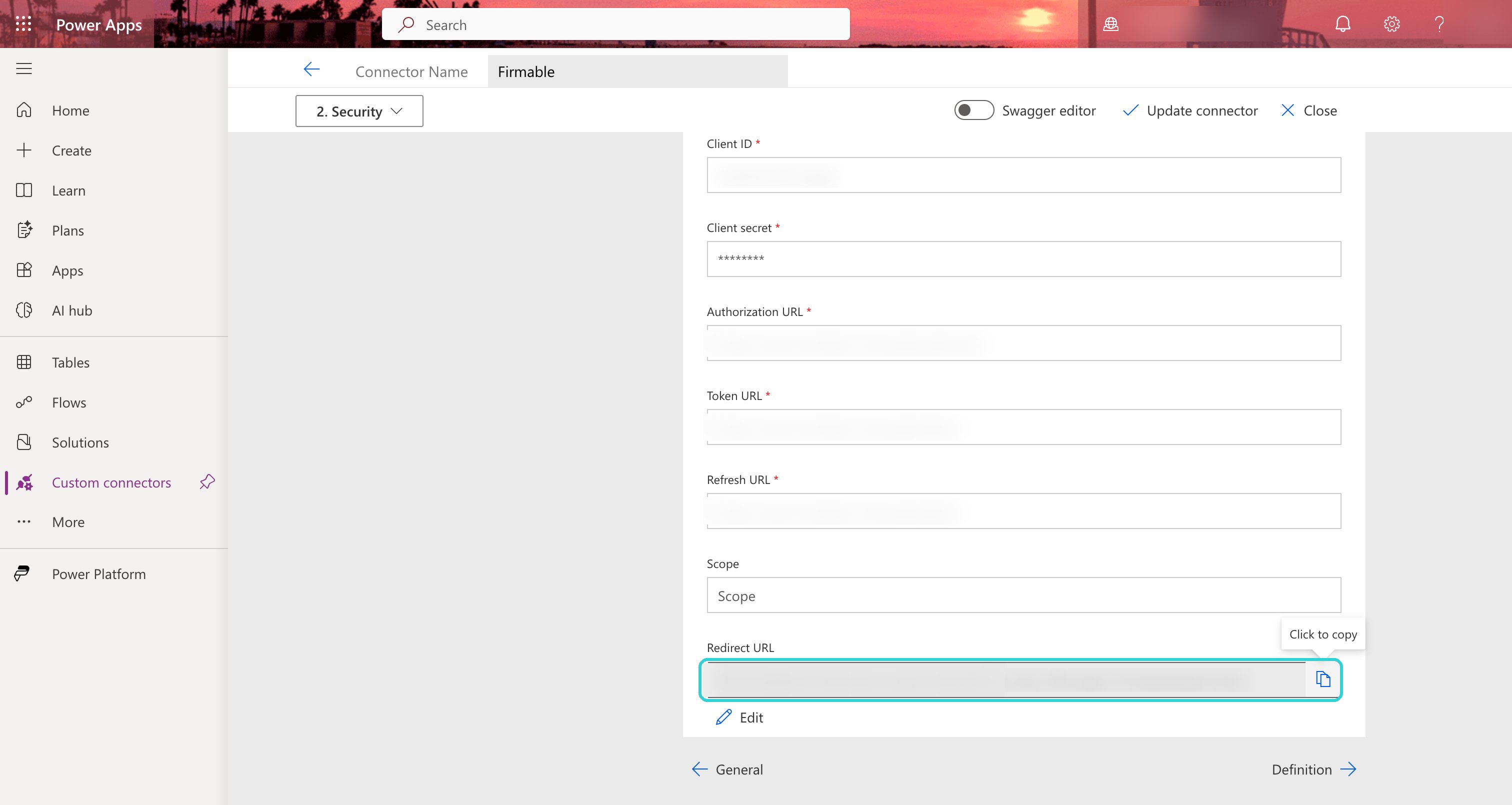 Connector Security section with the Redirect URL field and its copy button highlighted