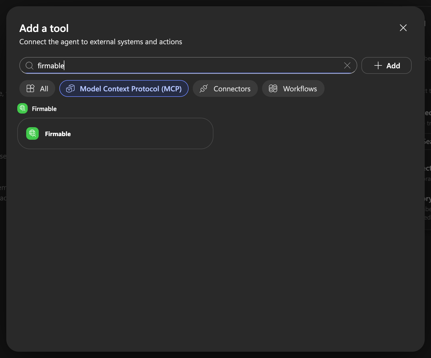 The Add a tool dialog in Copilot Studio with the Model Context Protocol tab selected and the Firmable connector listed
