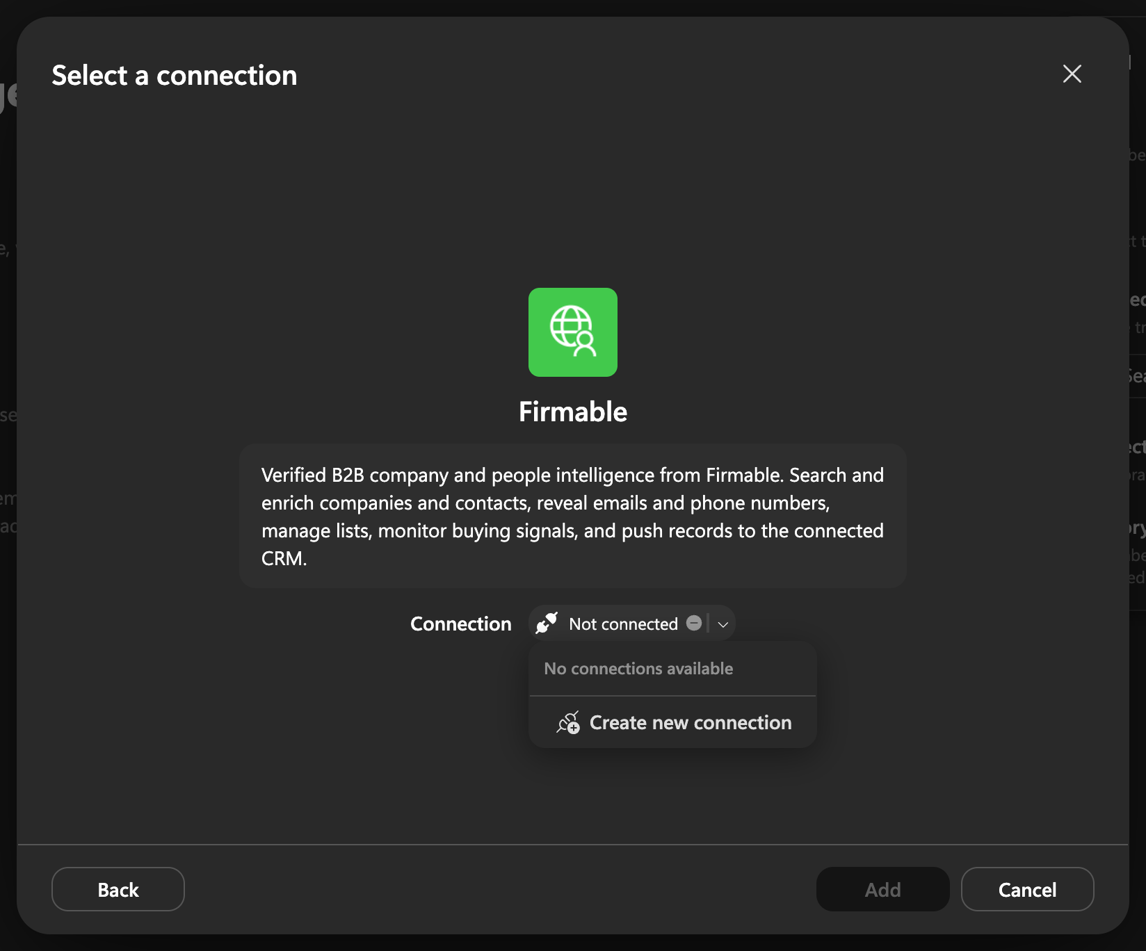 Select a connection dialog with the Connection dropdown open, showing no connections available and the Create new connection option