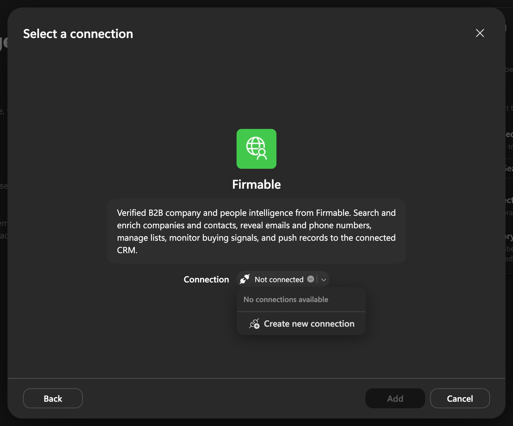 Select a connection dialog with the Connection dropdown open, showing no connections available and the Create new connection option