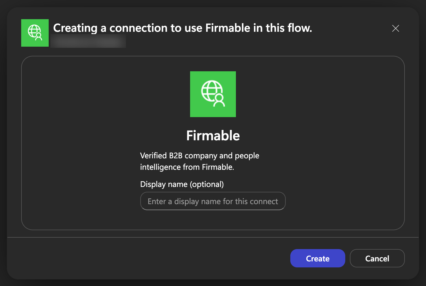 Creating a connection to use Firmable dialog with an optional display name field and the Create button