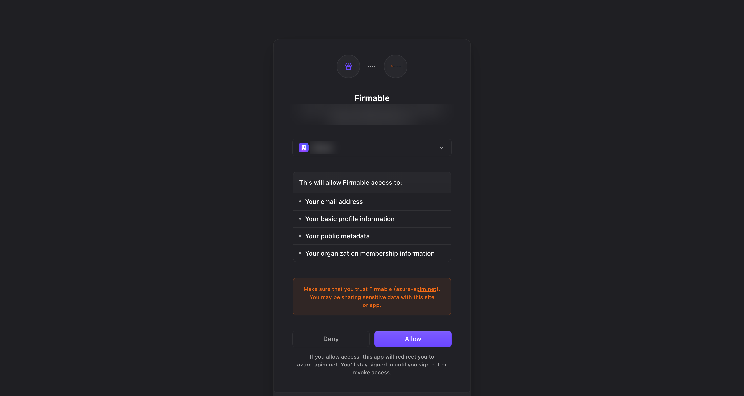 Firmable authorization screen listing the access being granted, with Deny and Allow buttons