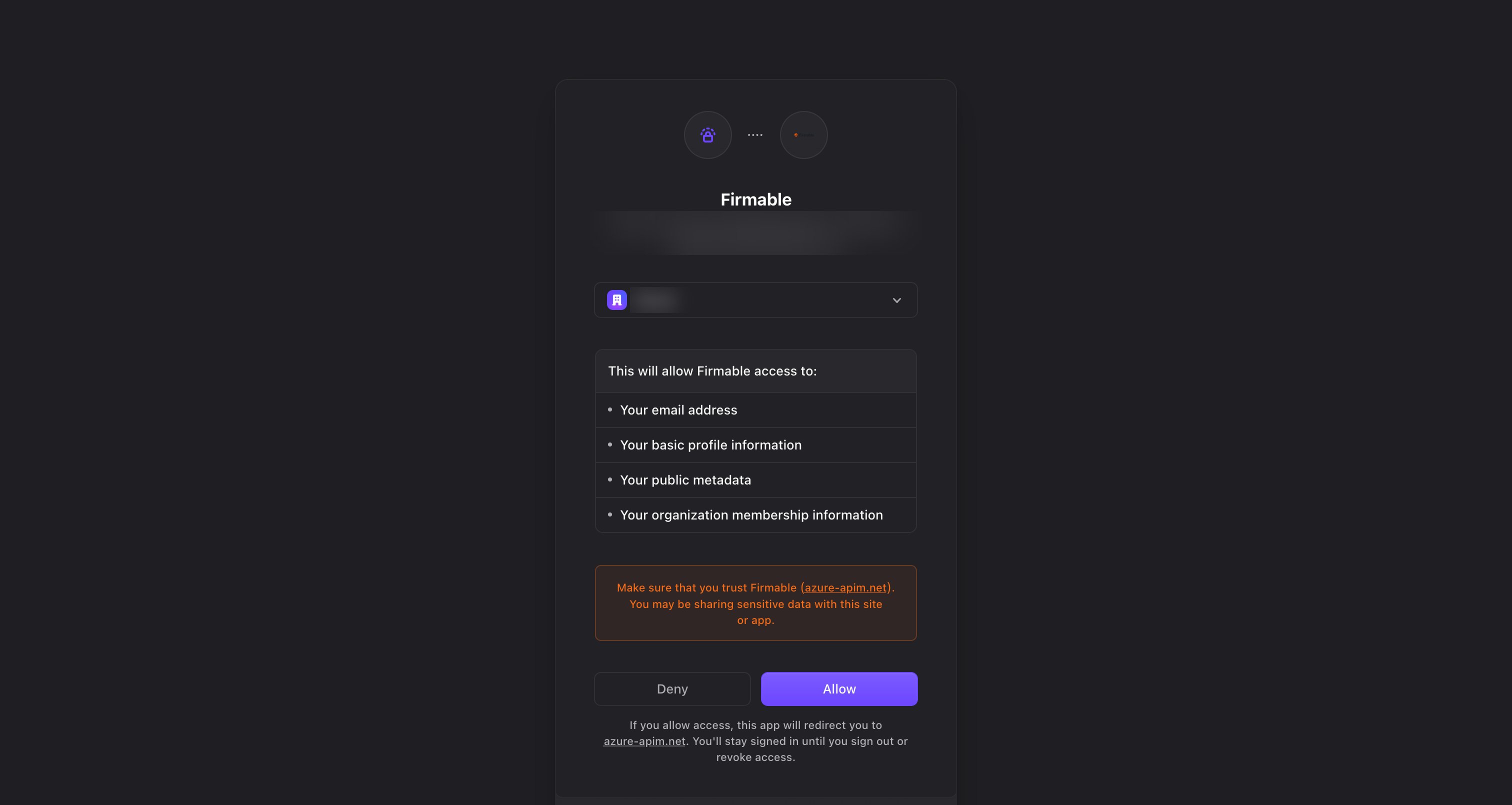 Firmable authorization screen listing the access being granted, with Deny and Allow buttons