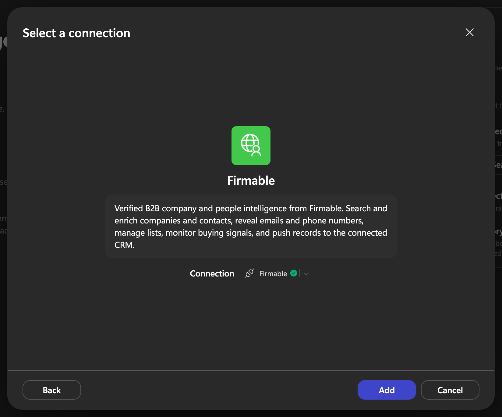 Select a connection dialog with the Firmable connection connected and the Add button enabled