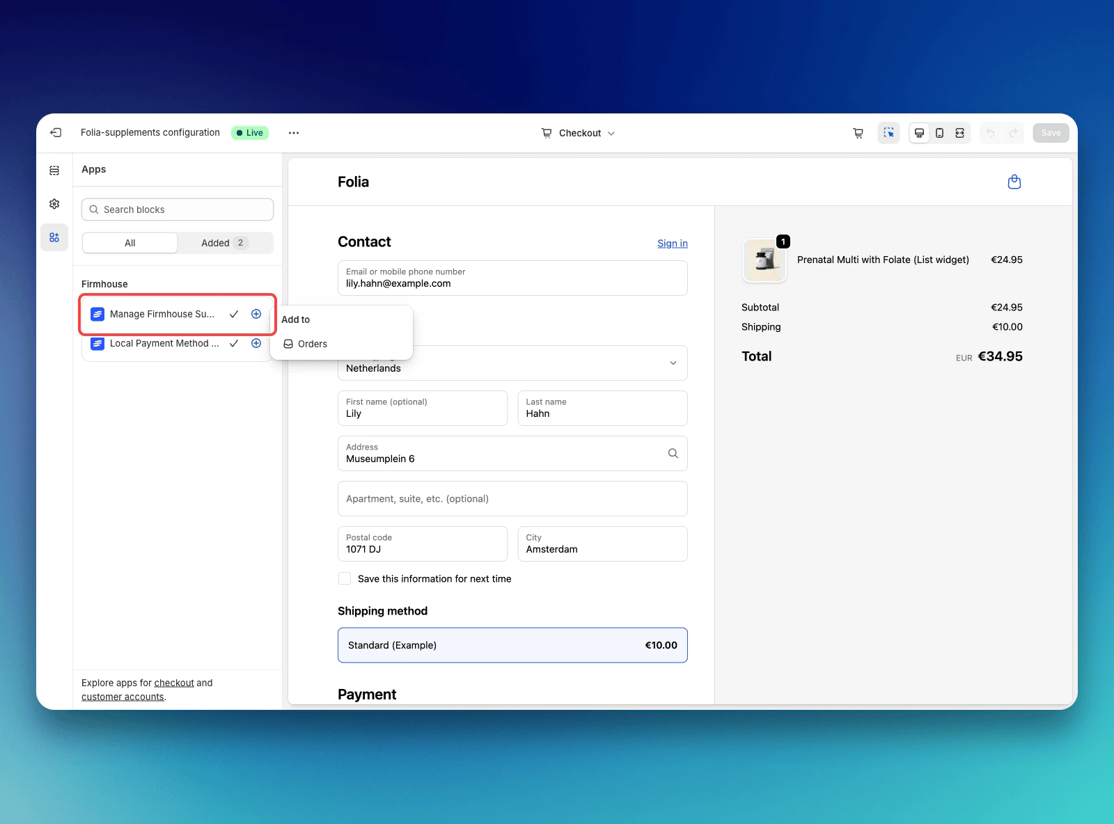 Adding Firmhouse Subscription Widget to Orders Page
