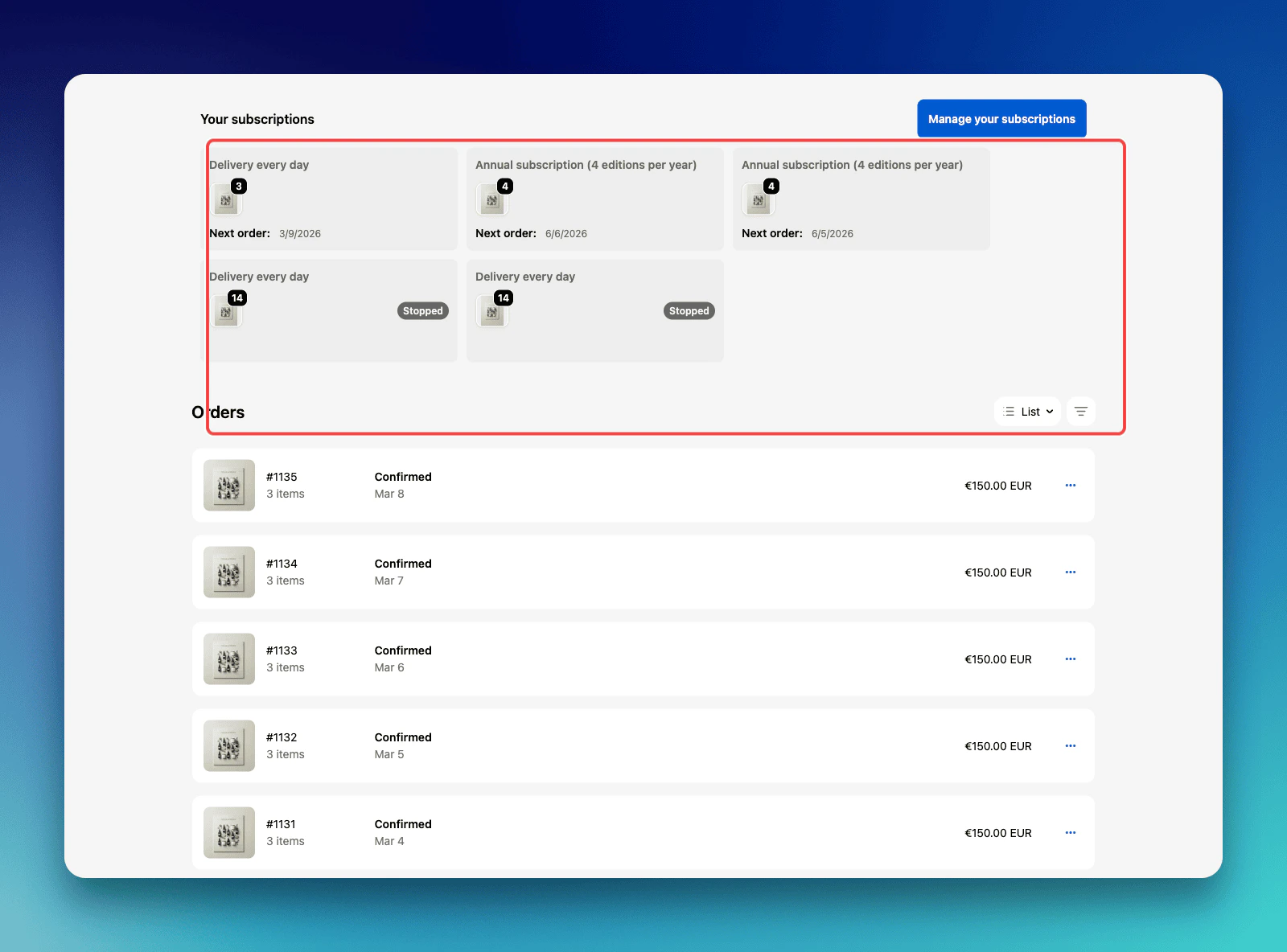 Customer Account Page with Subscription Widget