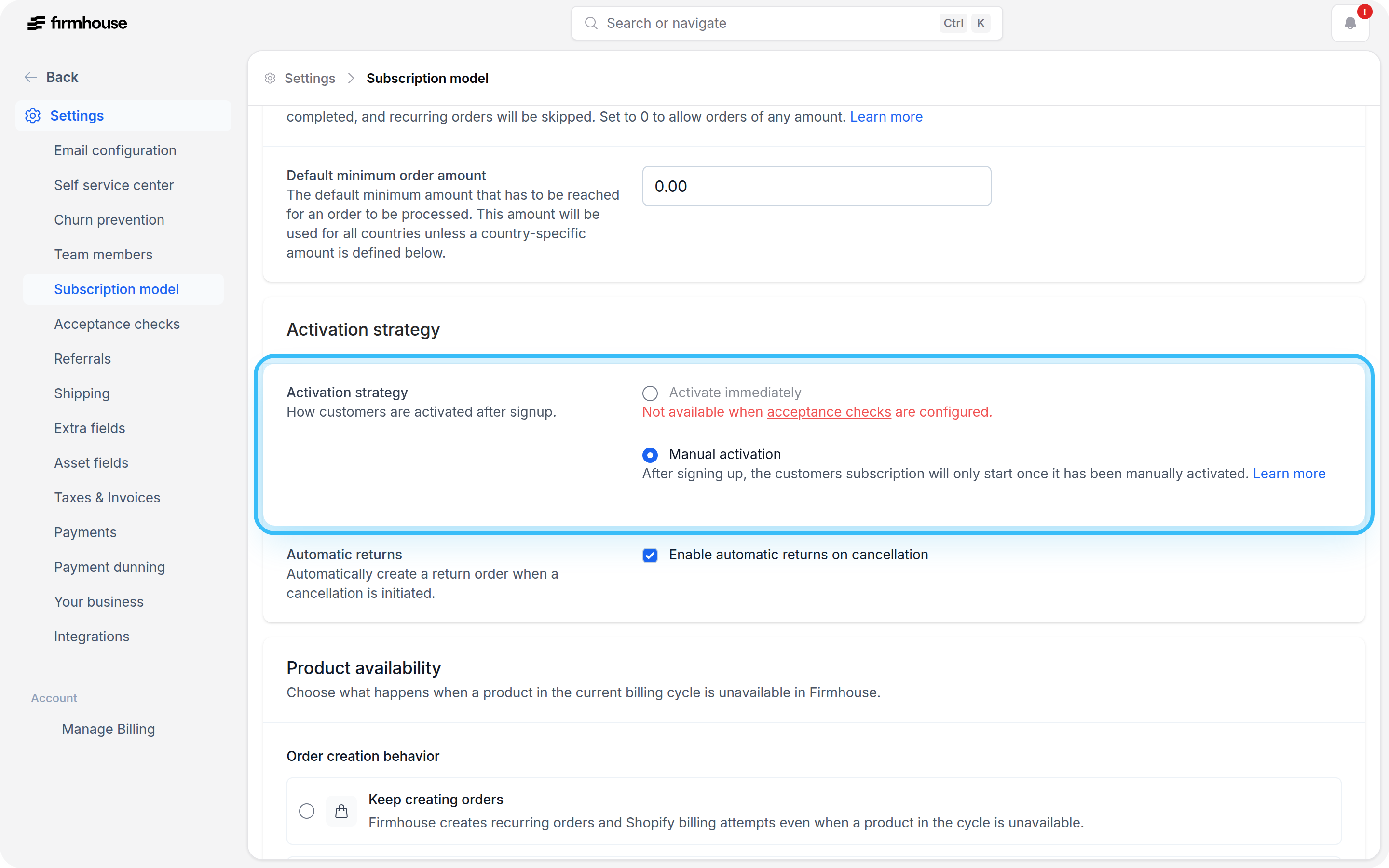 Acceptance Check Settings