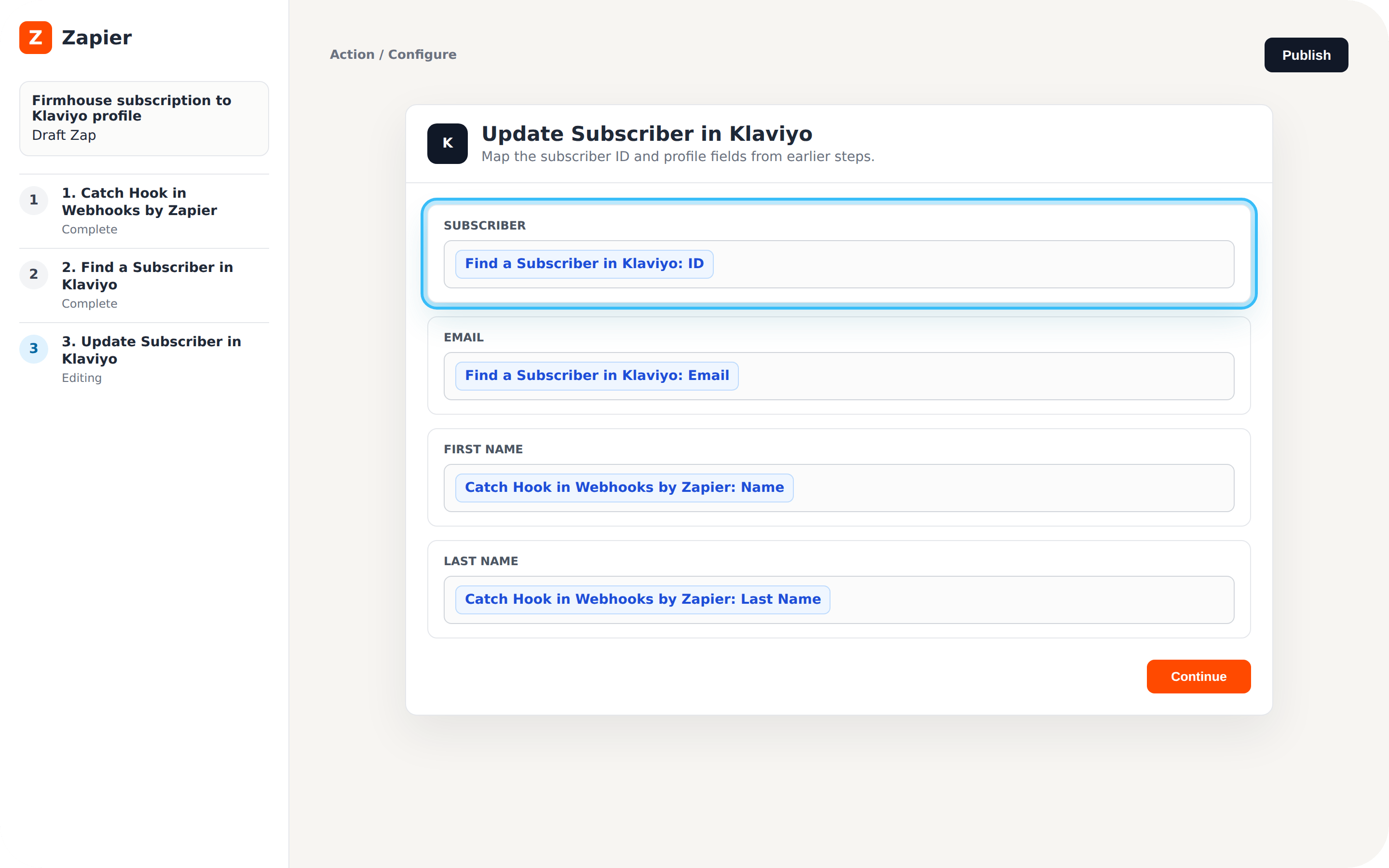 Set up update subscriber action