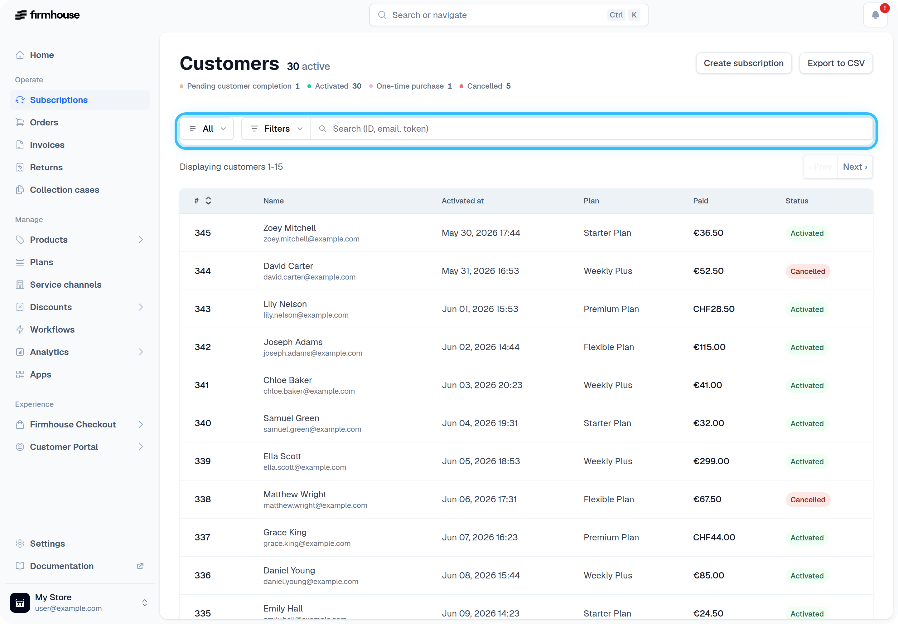 Subscriptions list with the filter bar highlighted