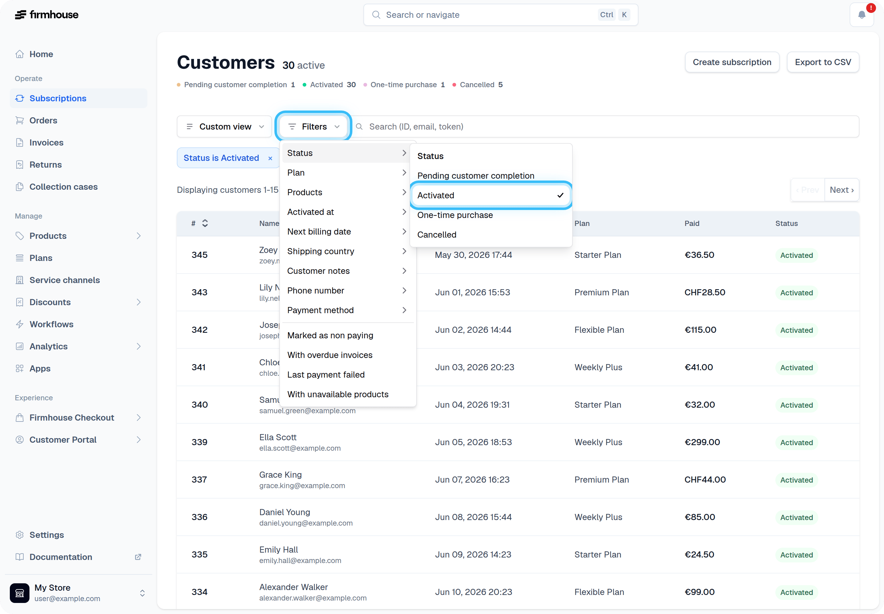 Status filter menu with Activated selected