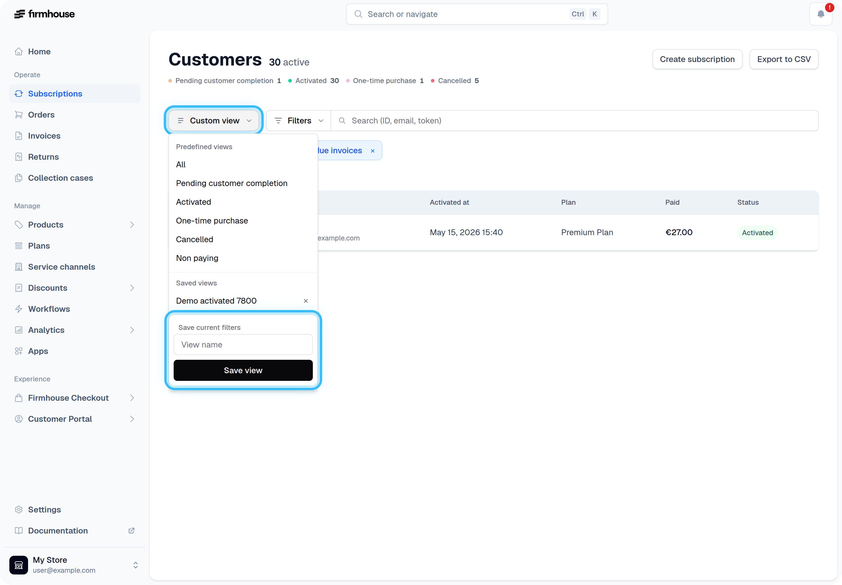 View selector menu with Save current filters highlighted