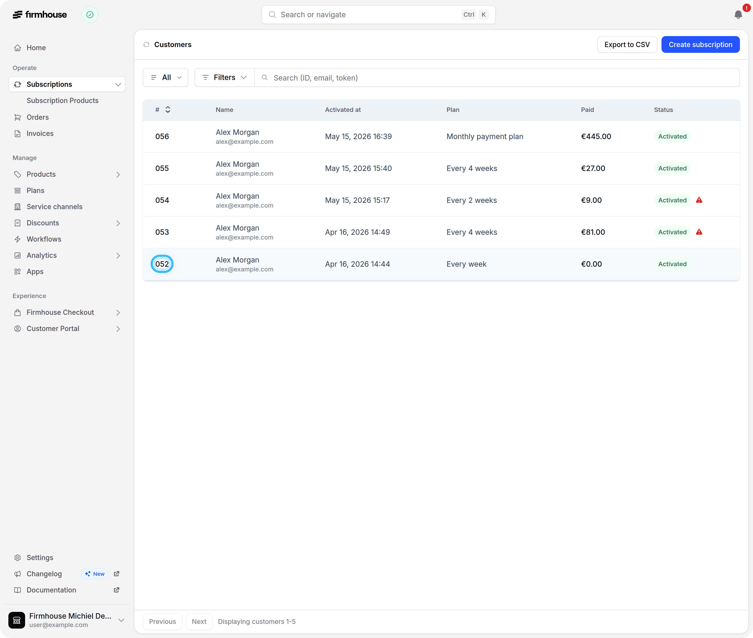 Subscriptions overview with subscription 052 highlighted as the path to its payment history