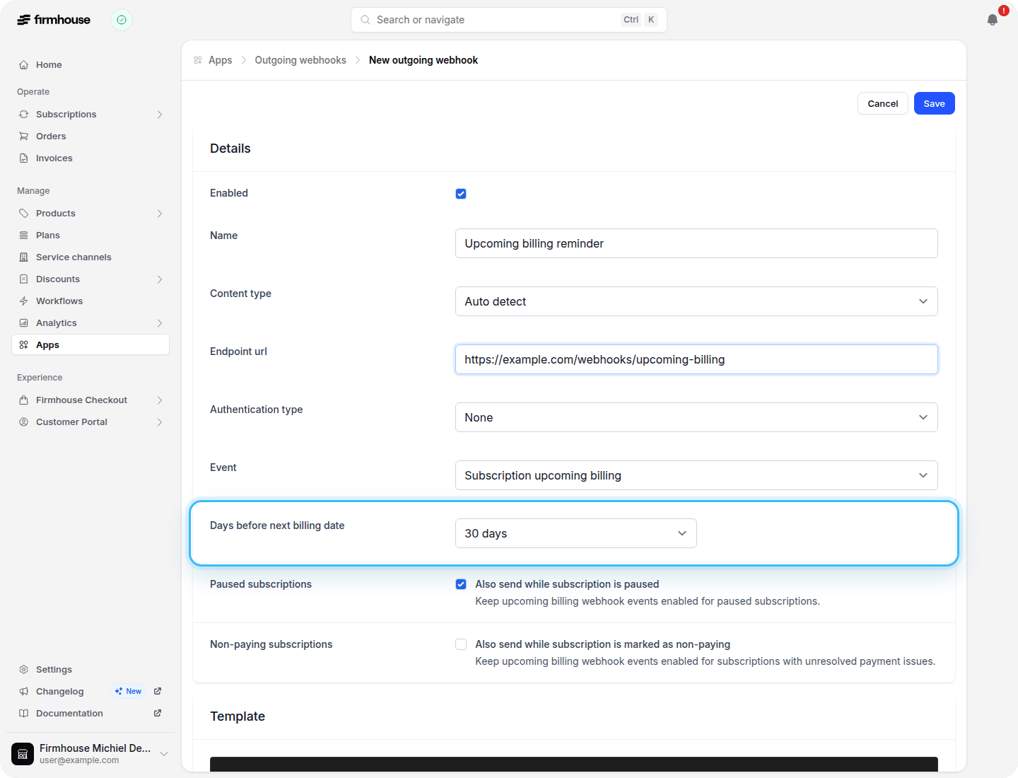 New outgoing webhook form with Subscription upcoming billing selected and the 30-day schedule highlighted