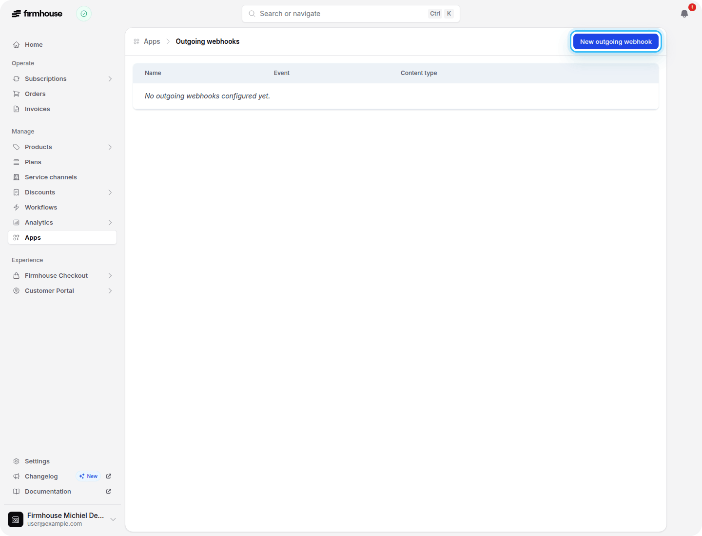 Outgoing webhooks page with the New outgoing webhook button highlighted