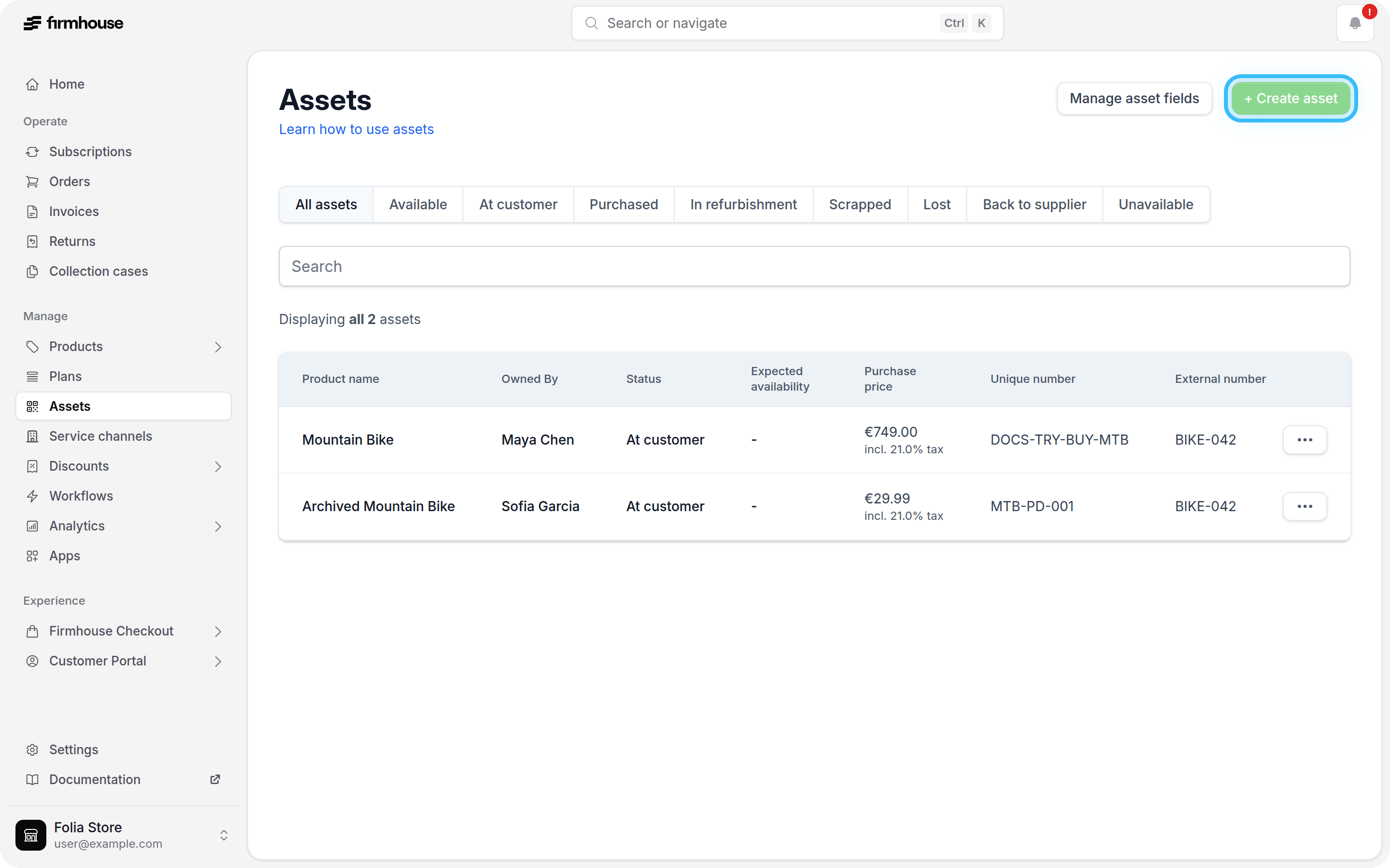 Assets Overview Create Button