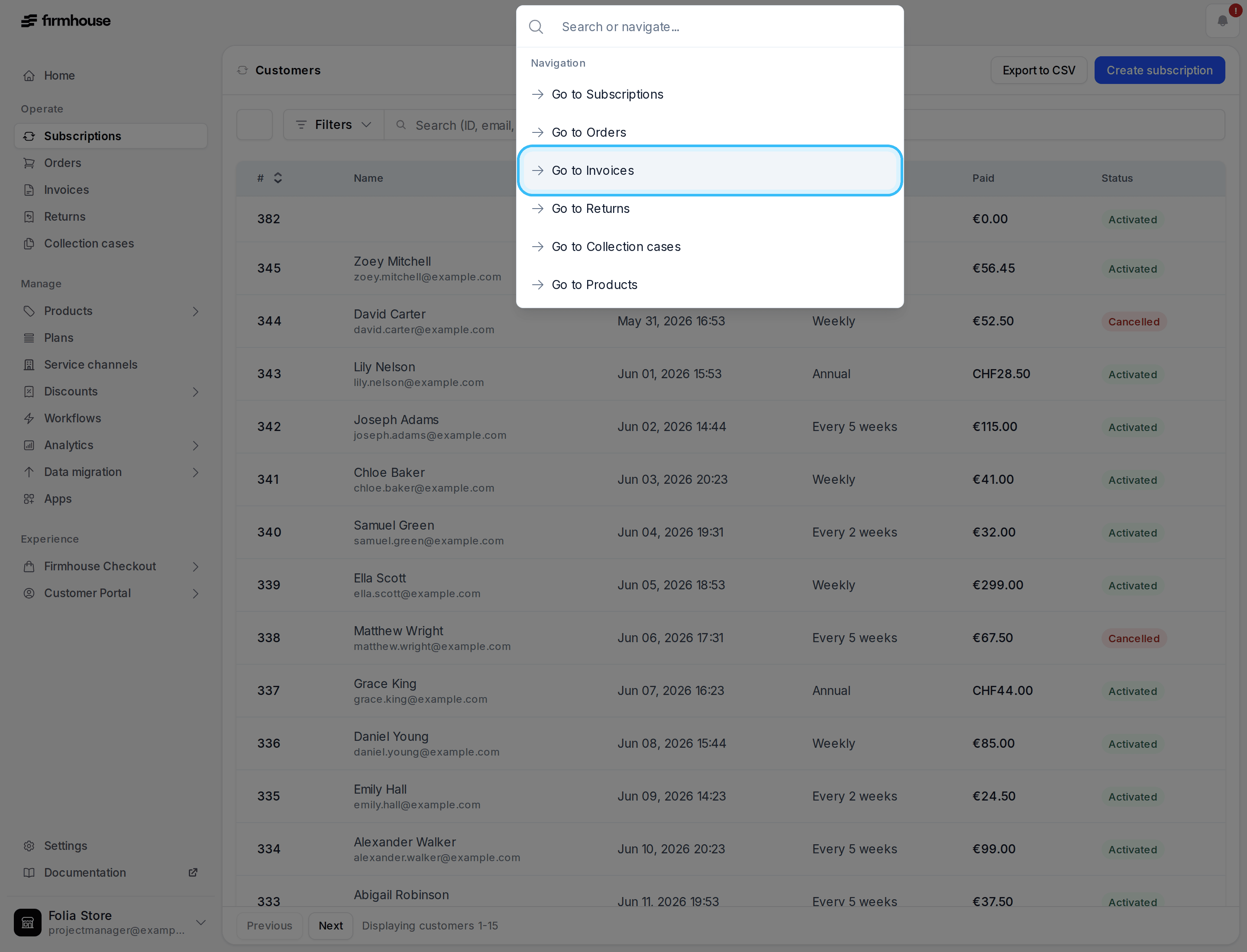 Command palette with Go to Invoices selected by mouse movement