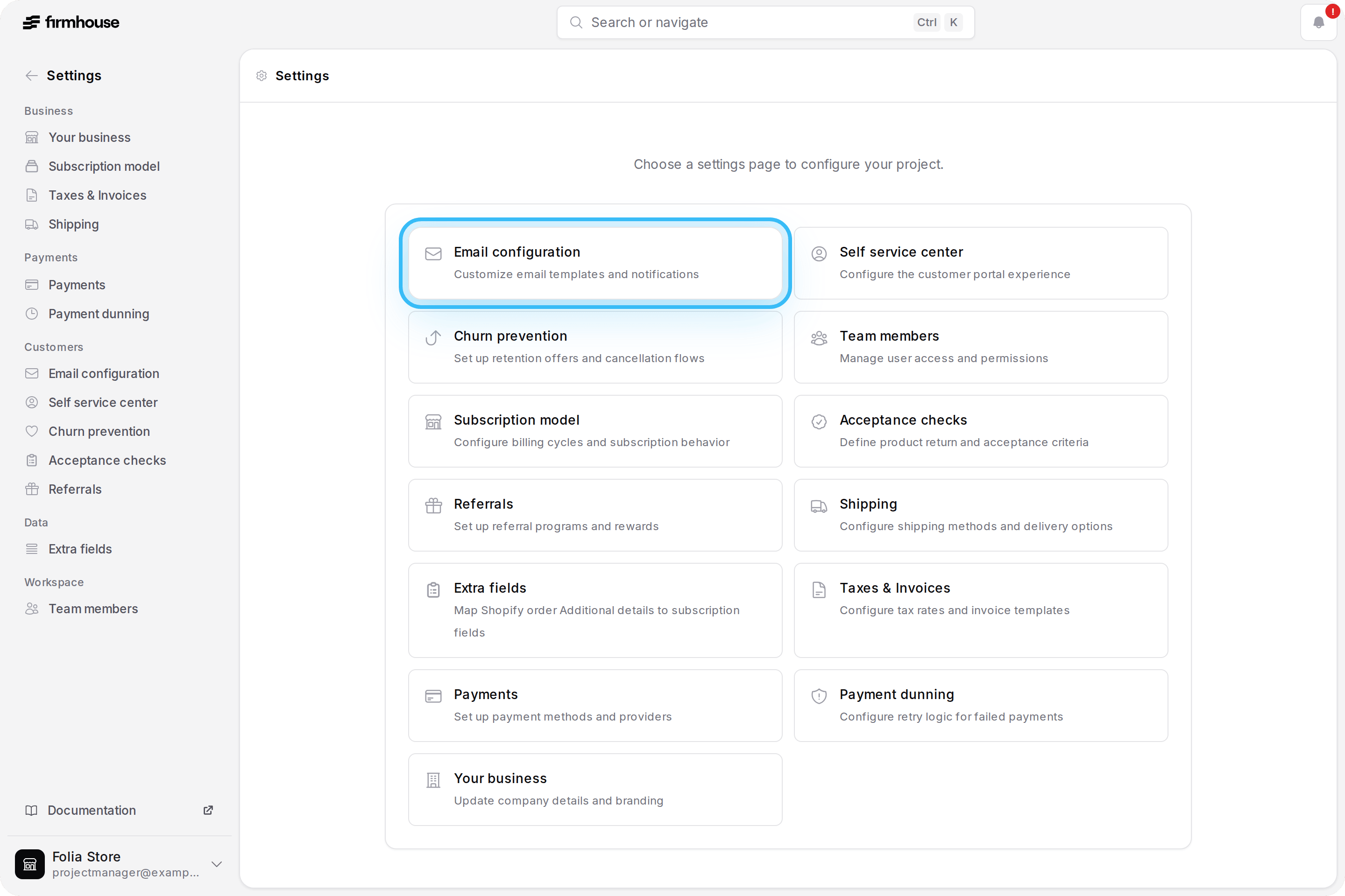 Settings page with the Email configuration card highlighted