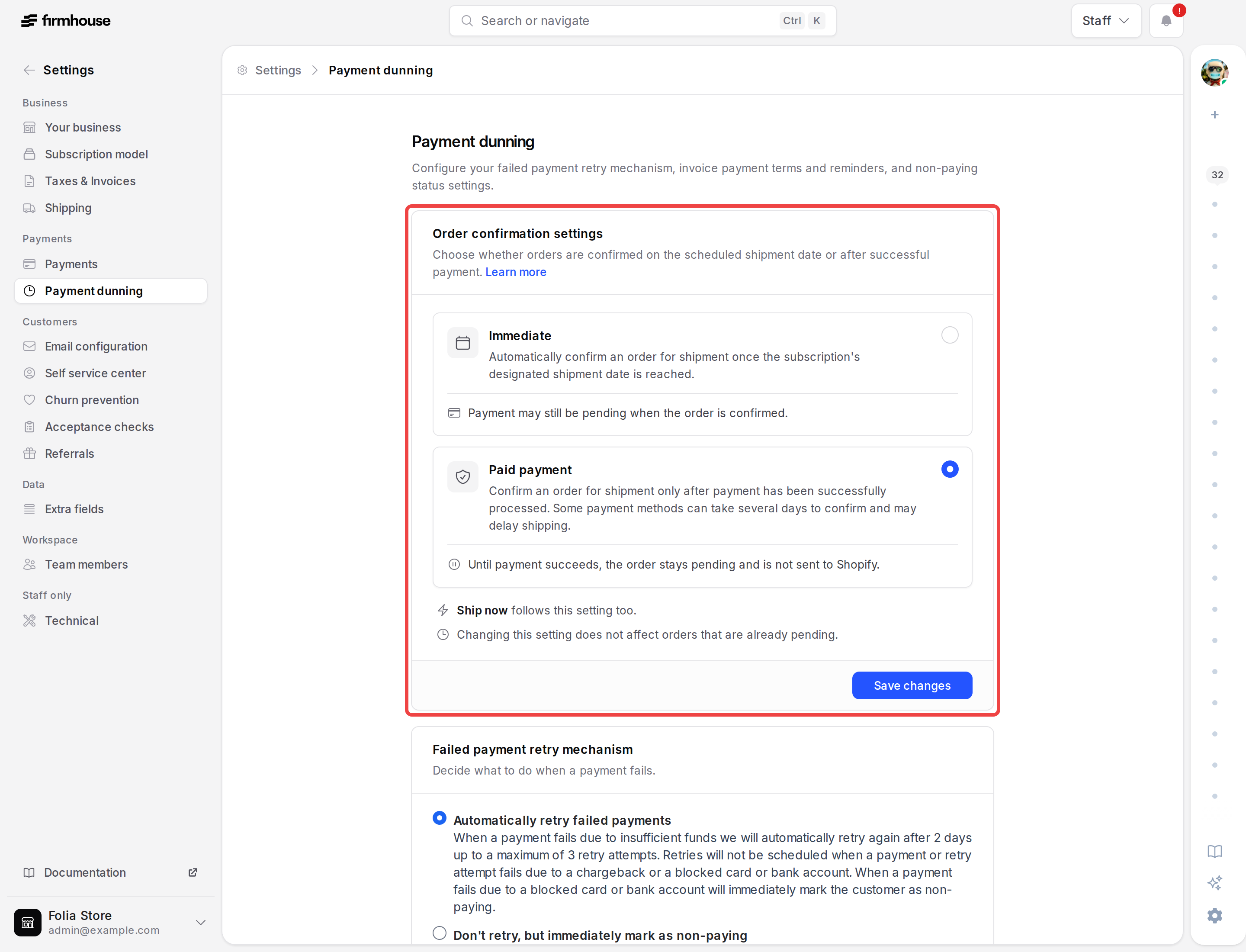 Payment dunning settings showing the order confirmation timing choices