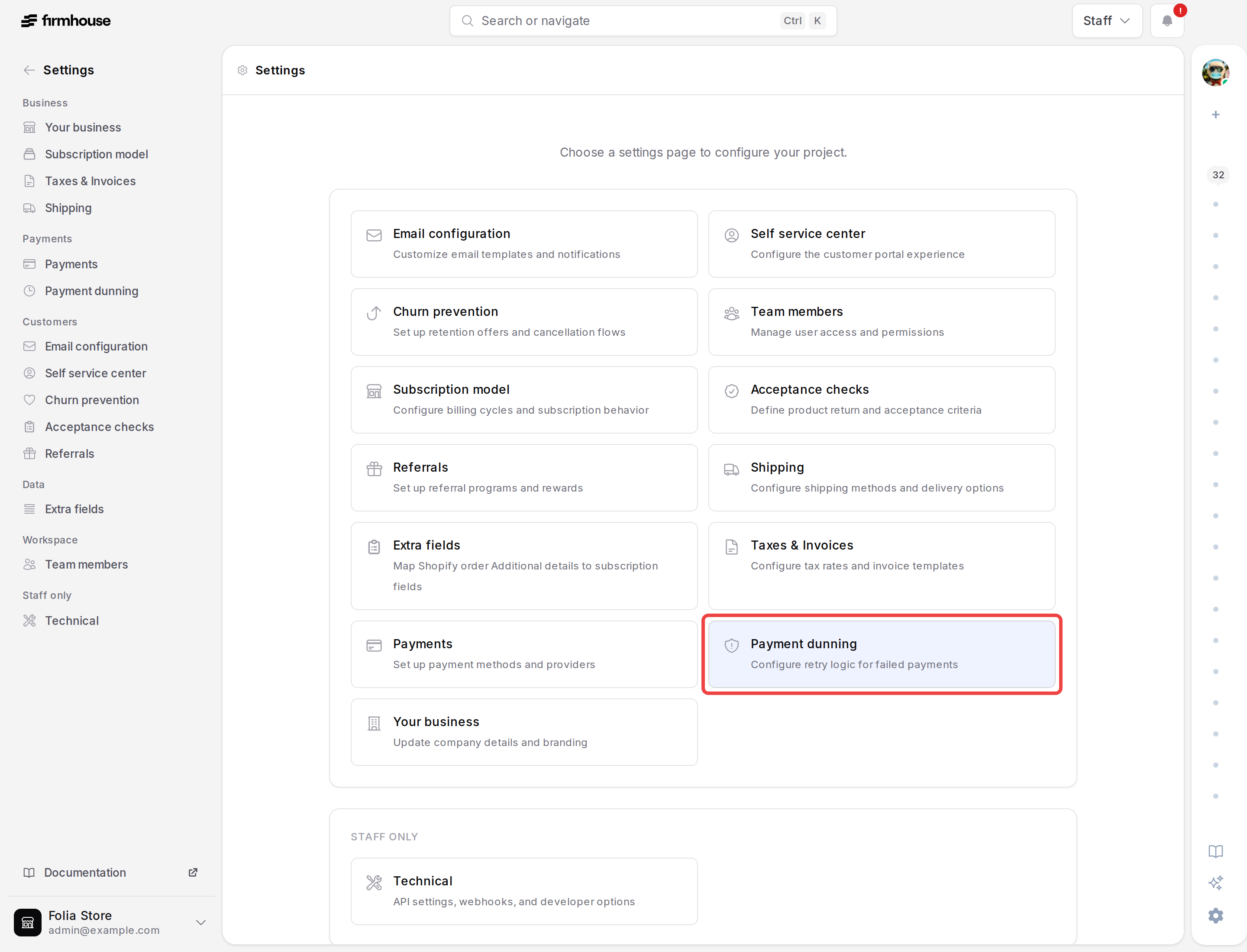 Settings overview with the Payment dunning page highlighted