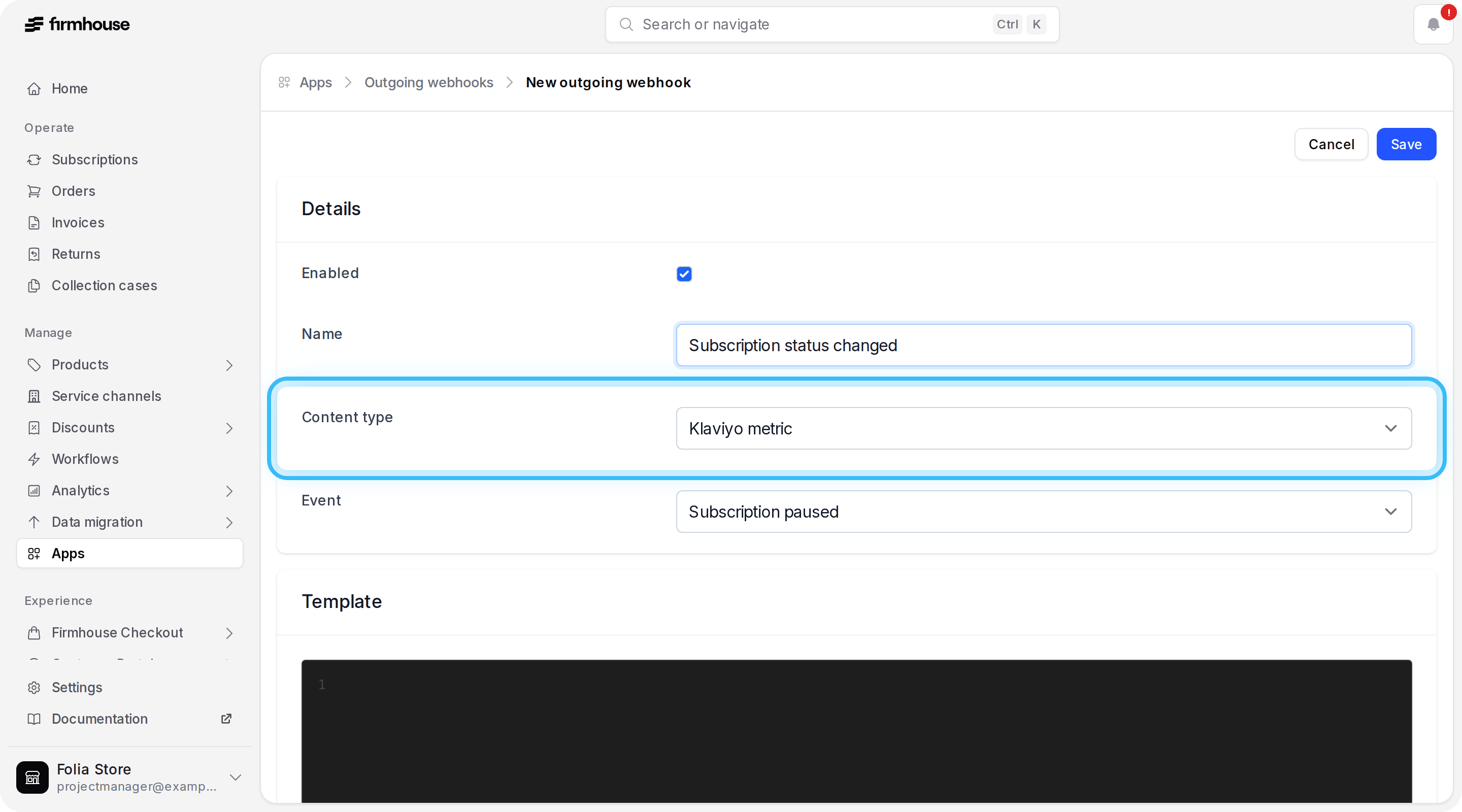 New outgoing webhook form with Klaviyo metric selected as the content type