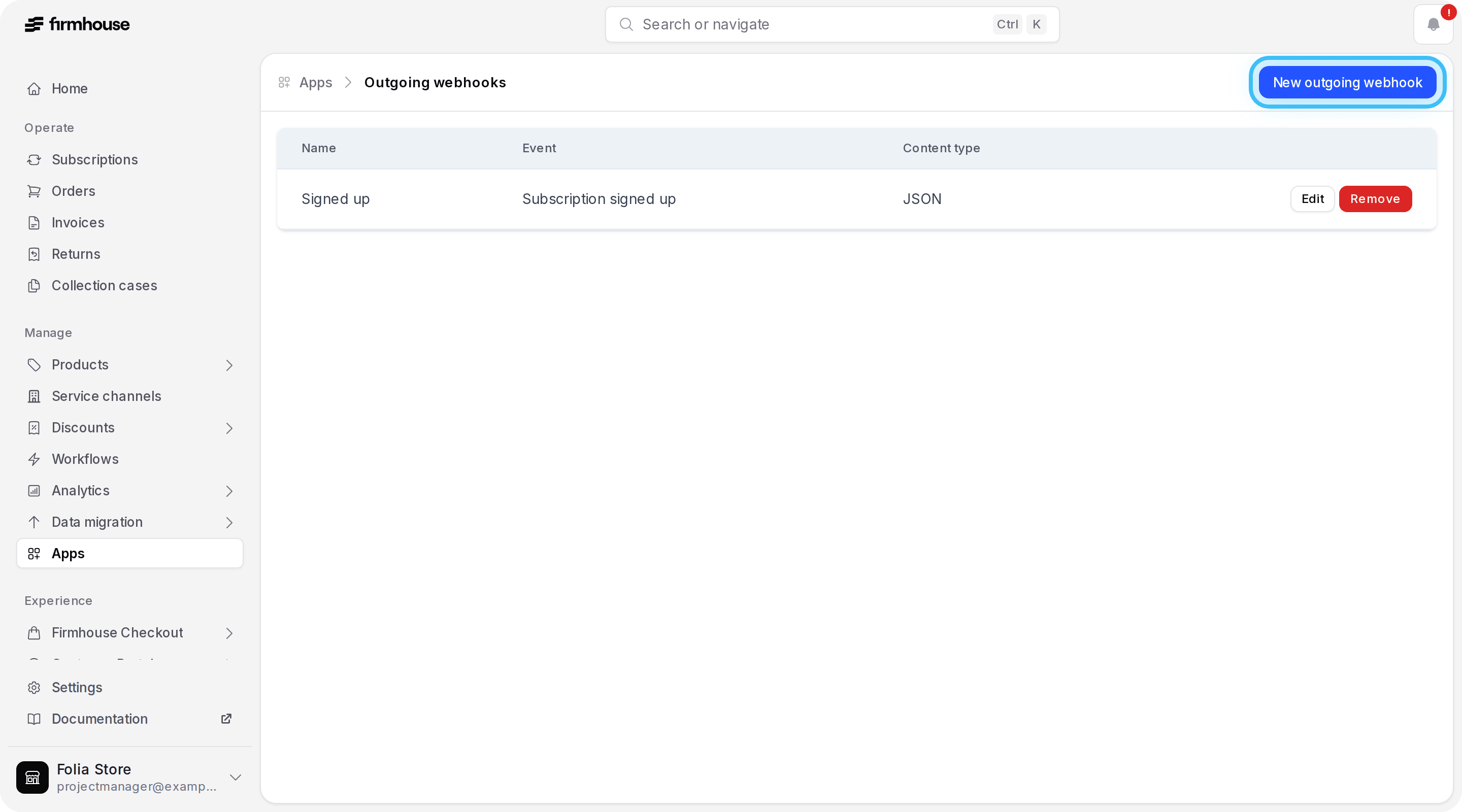 Outgoing webhooks page with the New outgoing webhook button highlighted
