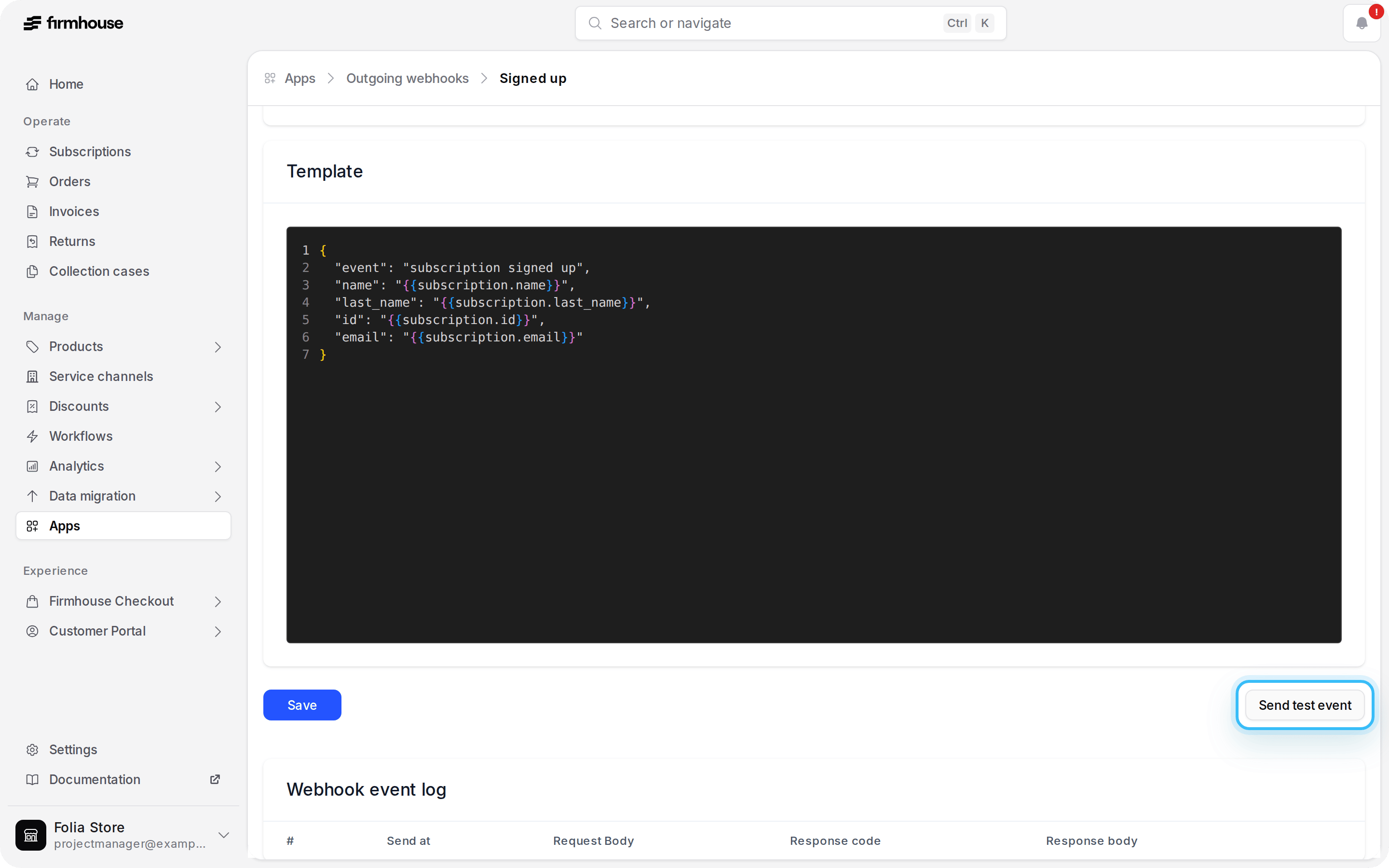 Outgoing webhook editor with the Send test event action highlighted above the Webhook event log
