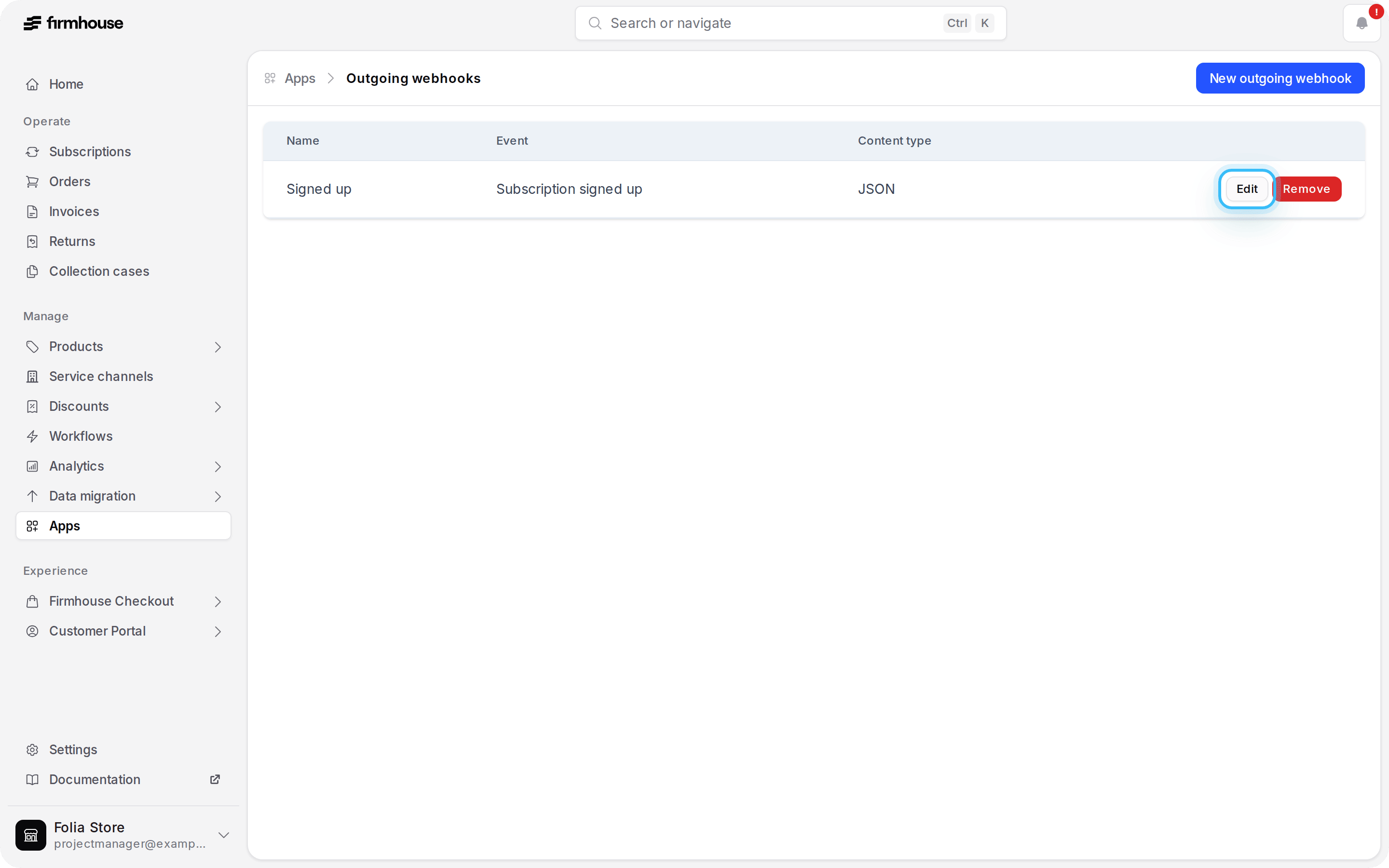 Outgoing webhooks list with the Edit action highlighted