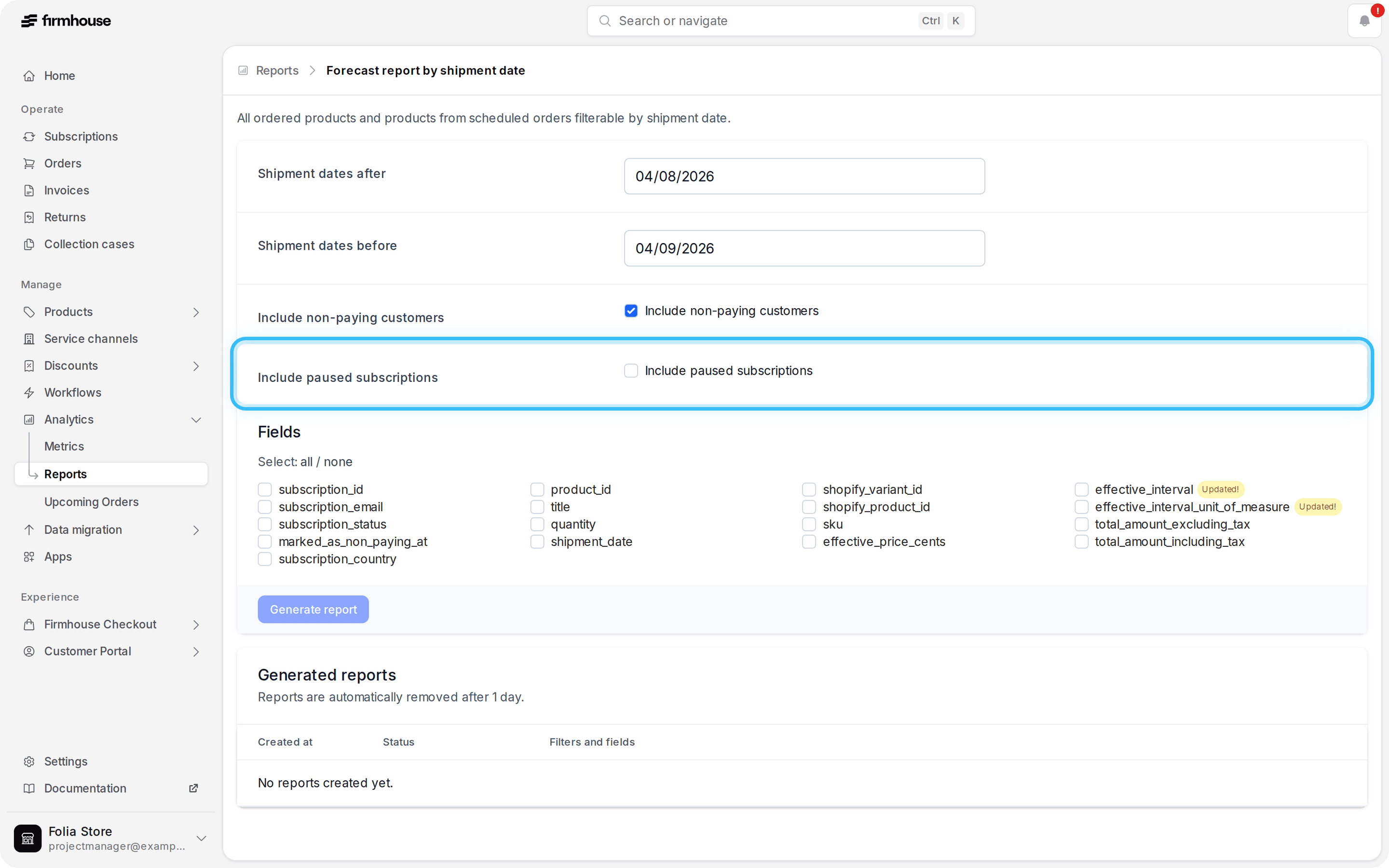 Forecast report by shipment date form with the Include paused subscriptions setting highlighted and unchecked