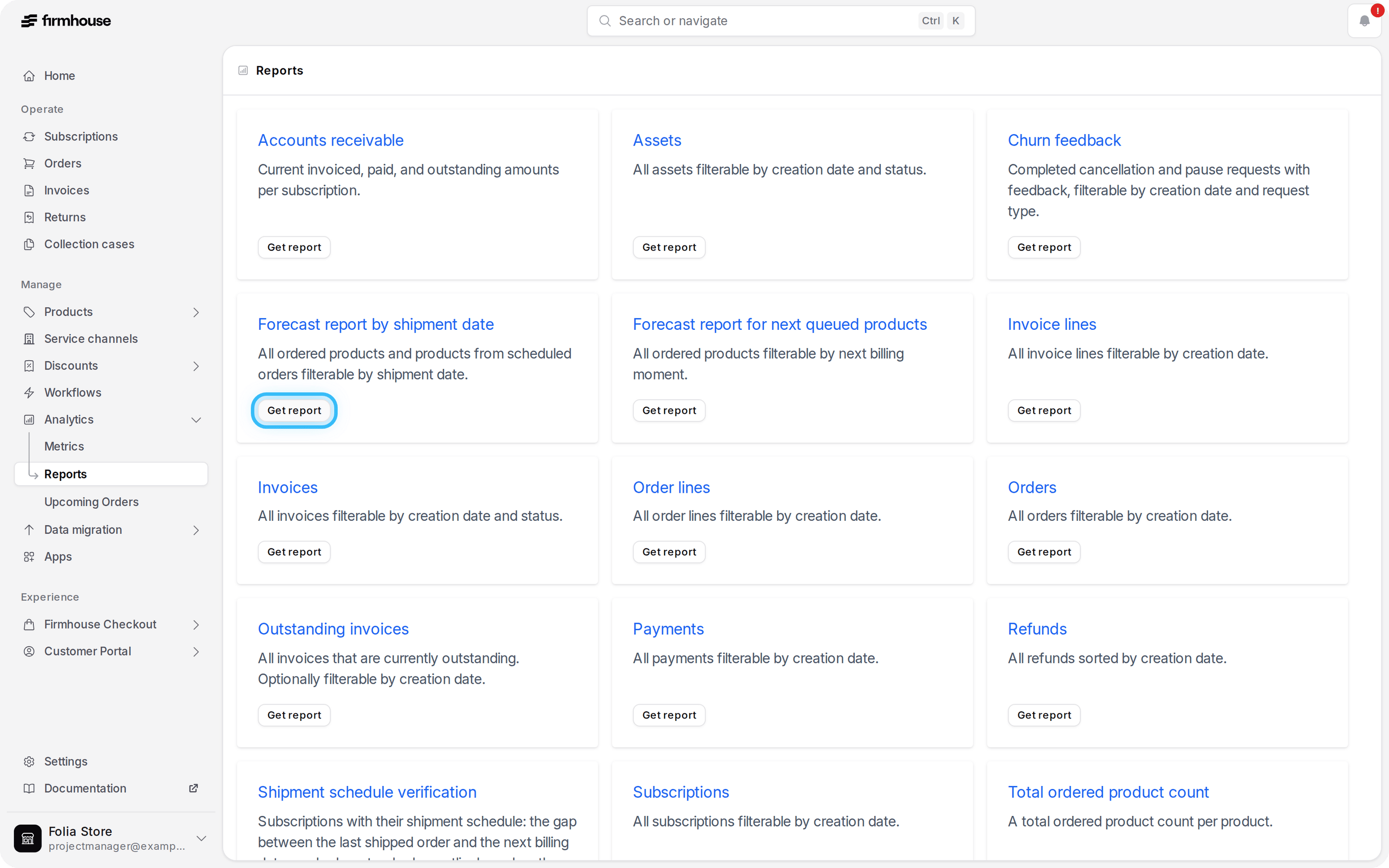 Reports page with the Get report button for the Forecast report by shipment date highlighted