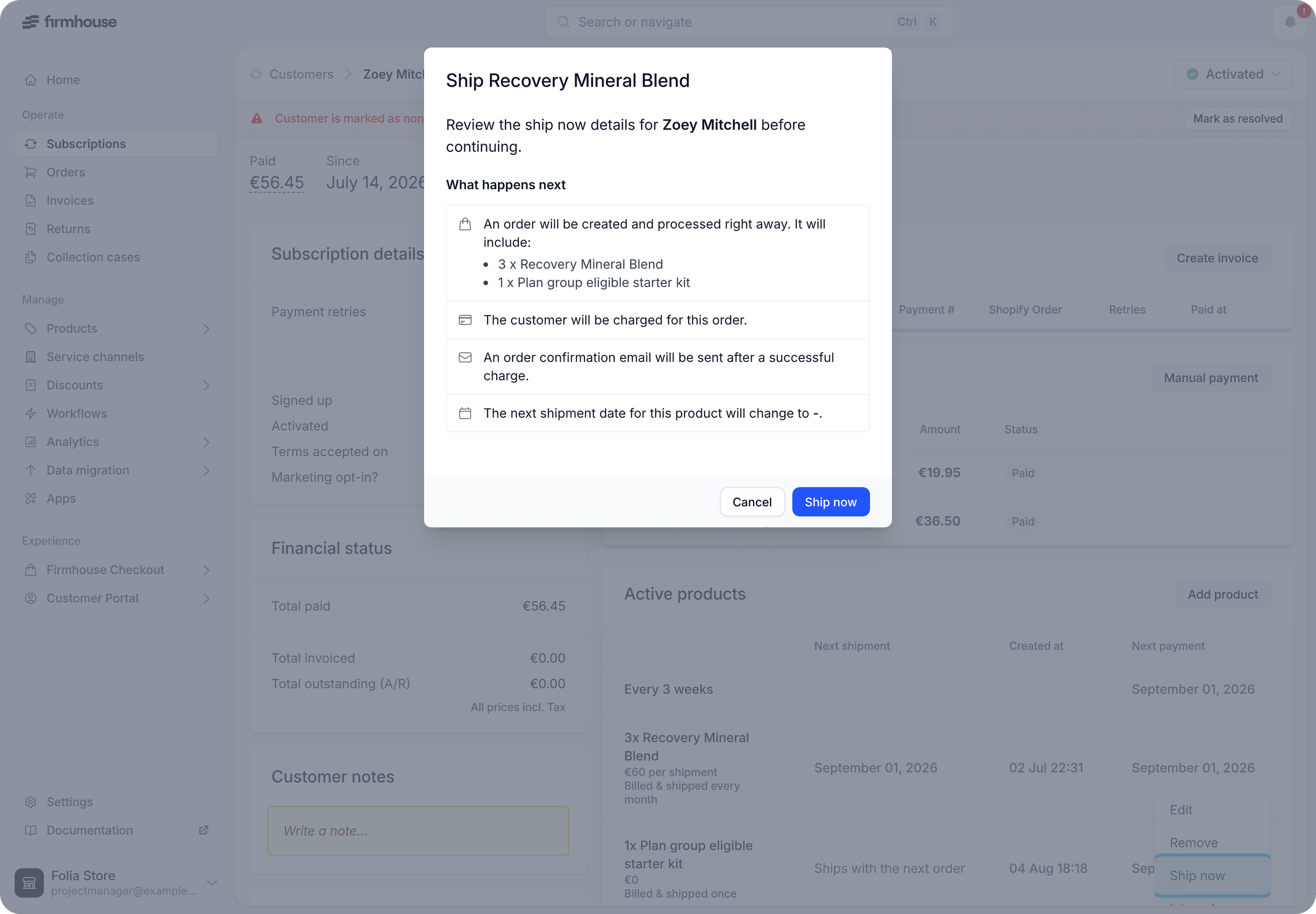 Ship now confirmation showing the recurring product and pending next-order-only add-on included in the order