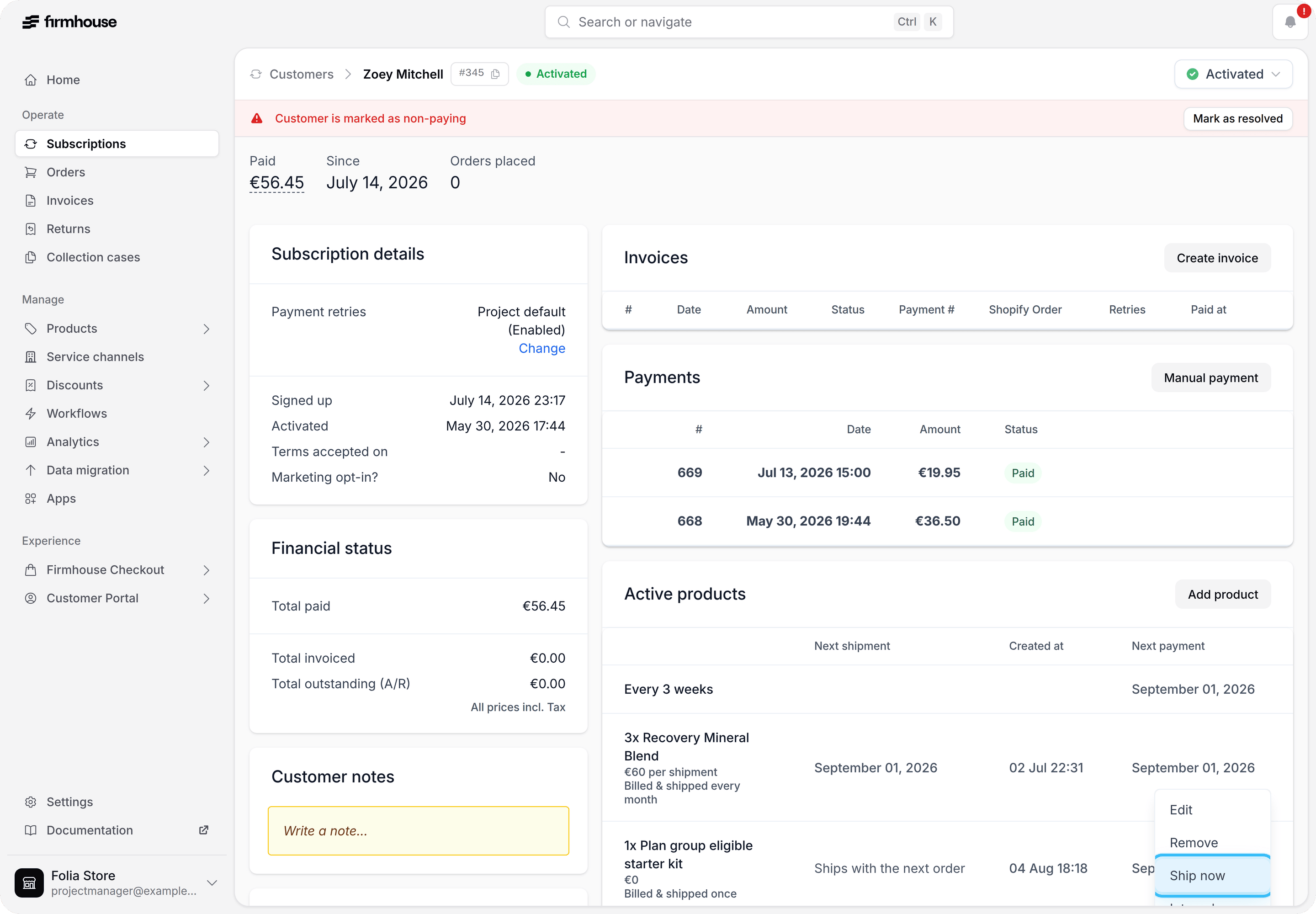 Subscription active products with Ship now highlighted on a recurring product and a next-order-only add-on listed below