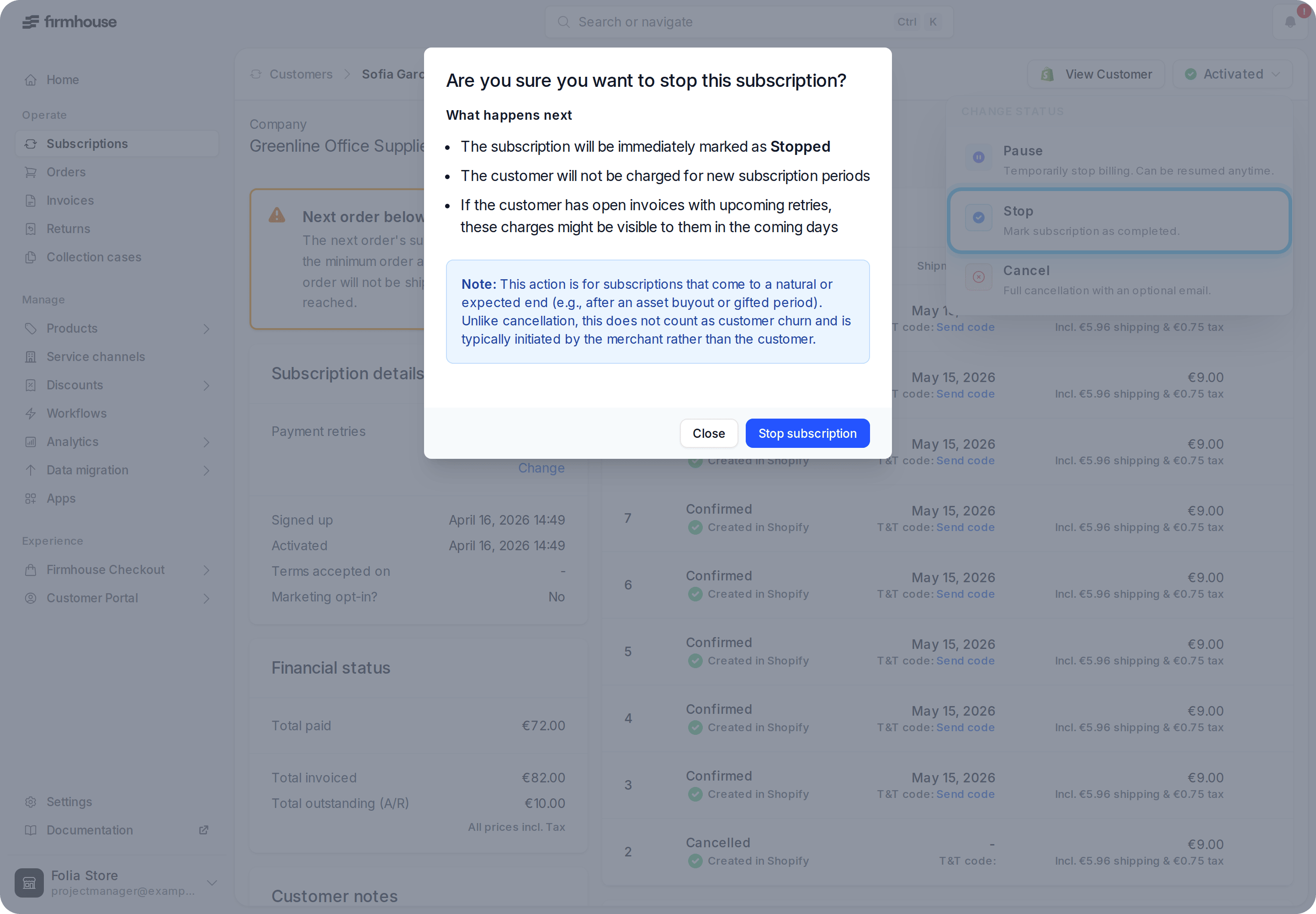 Stop subscription confirmation explaining the immediate billing effect