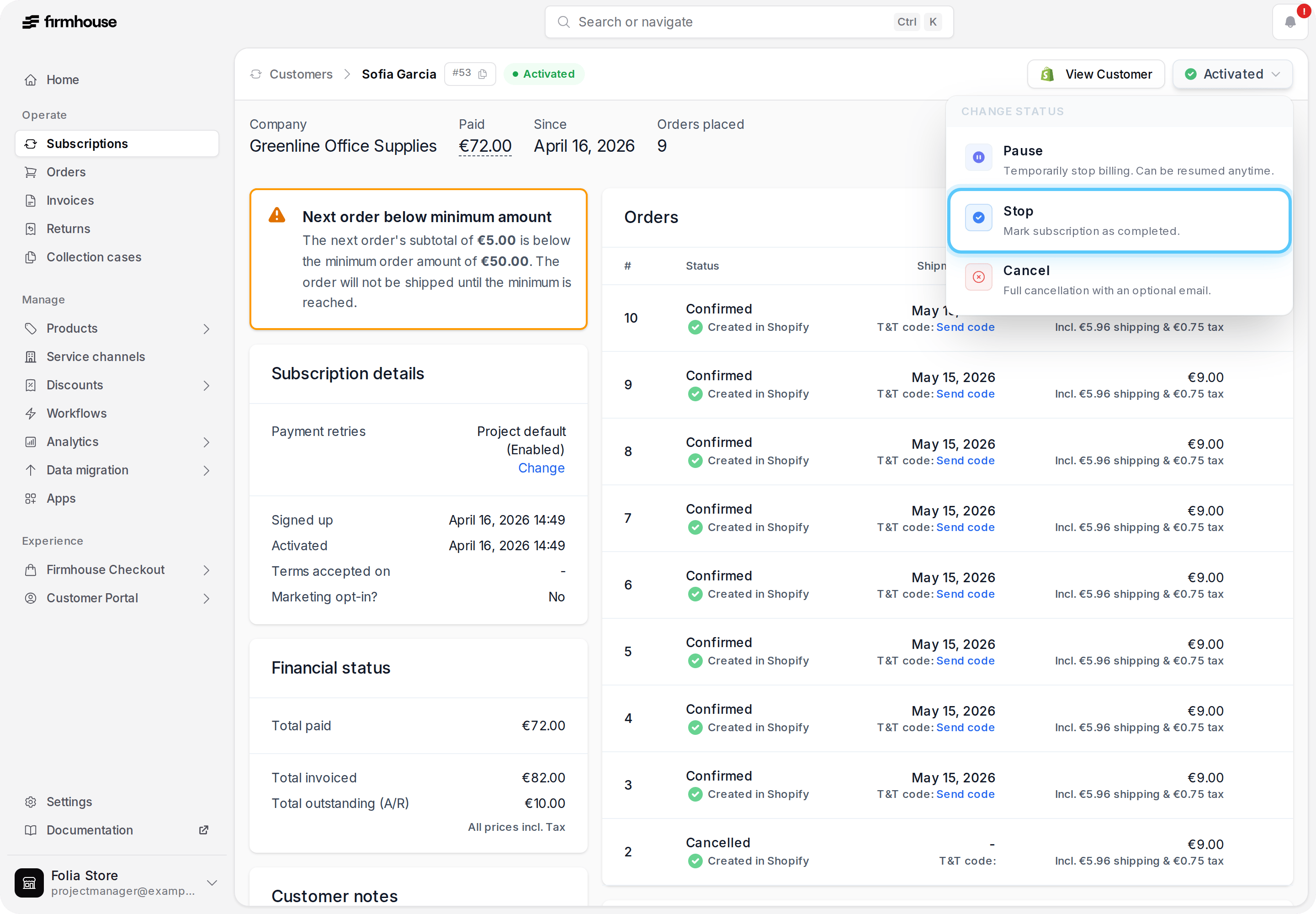 Subscription status menu with the Stop action highlighted