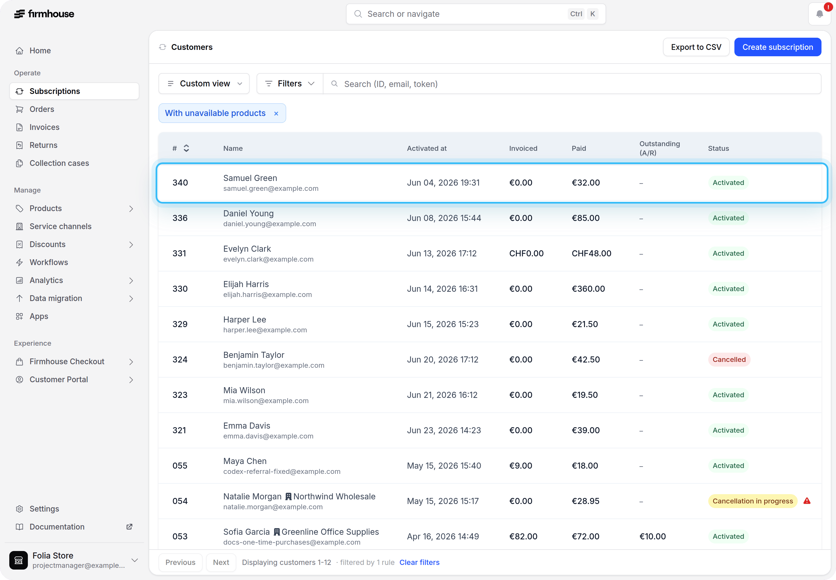 Subscriptions filtered to customers with unavailable products, with a matching subscription highlighted