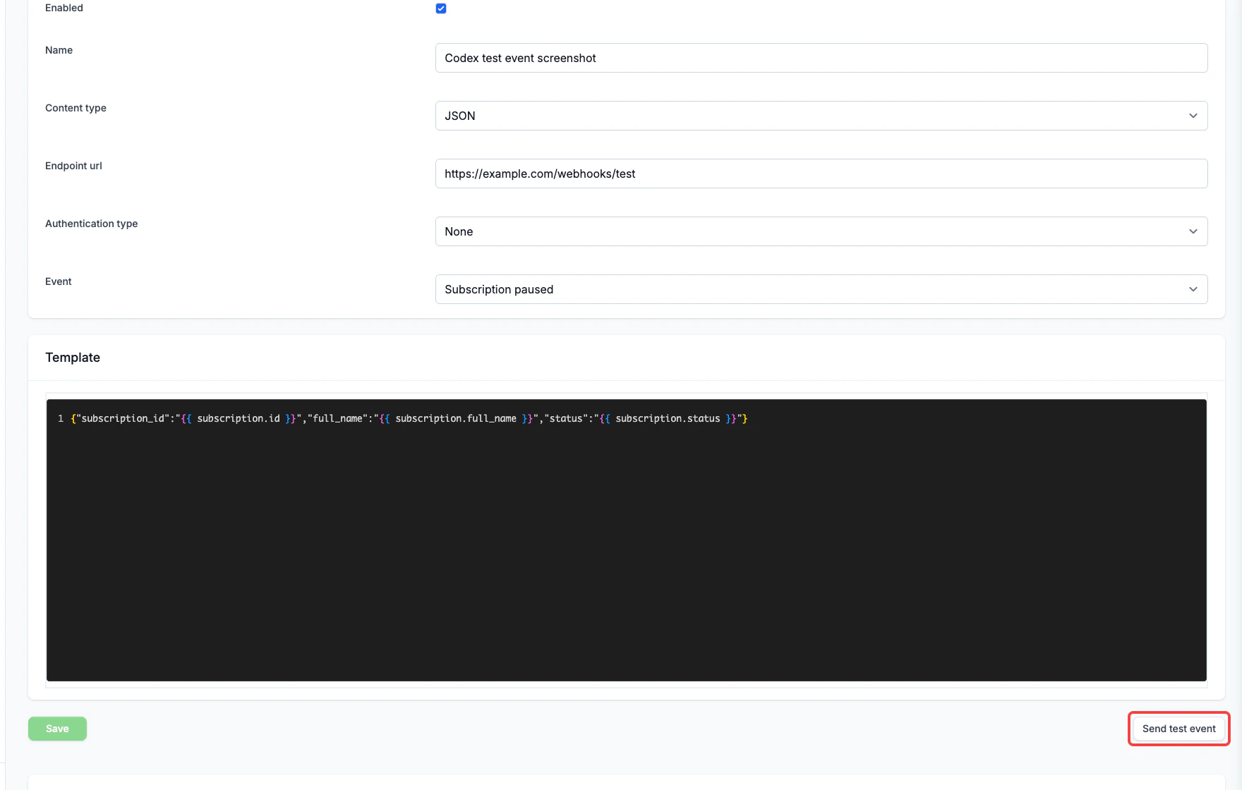 Send test event on outgoing webhook