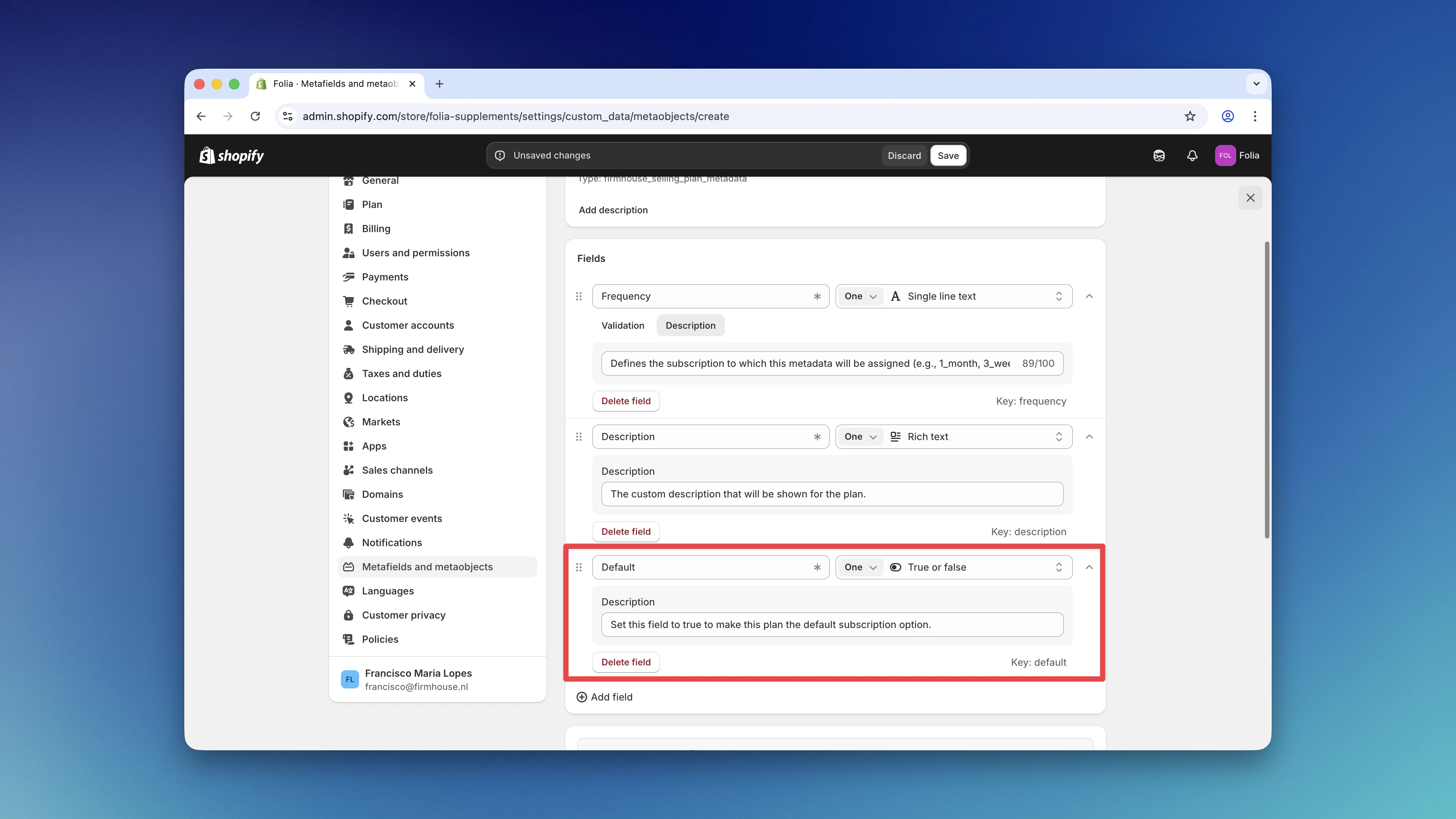 Default field configuration