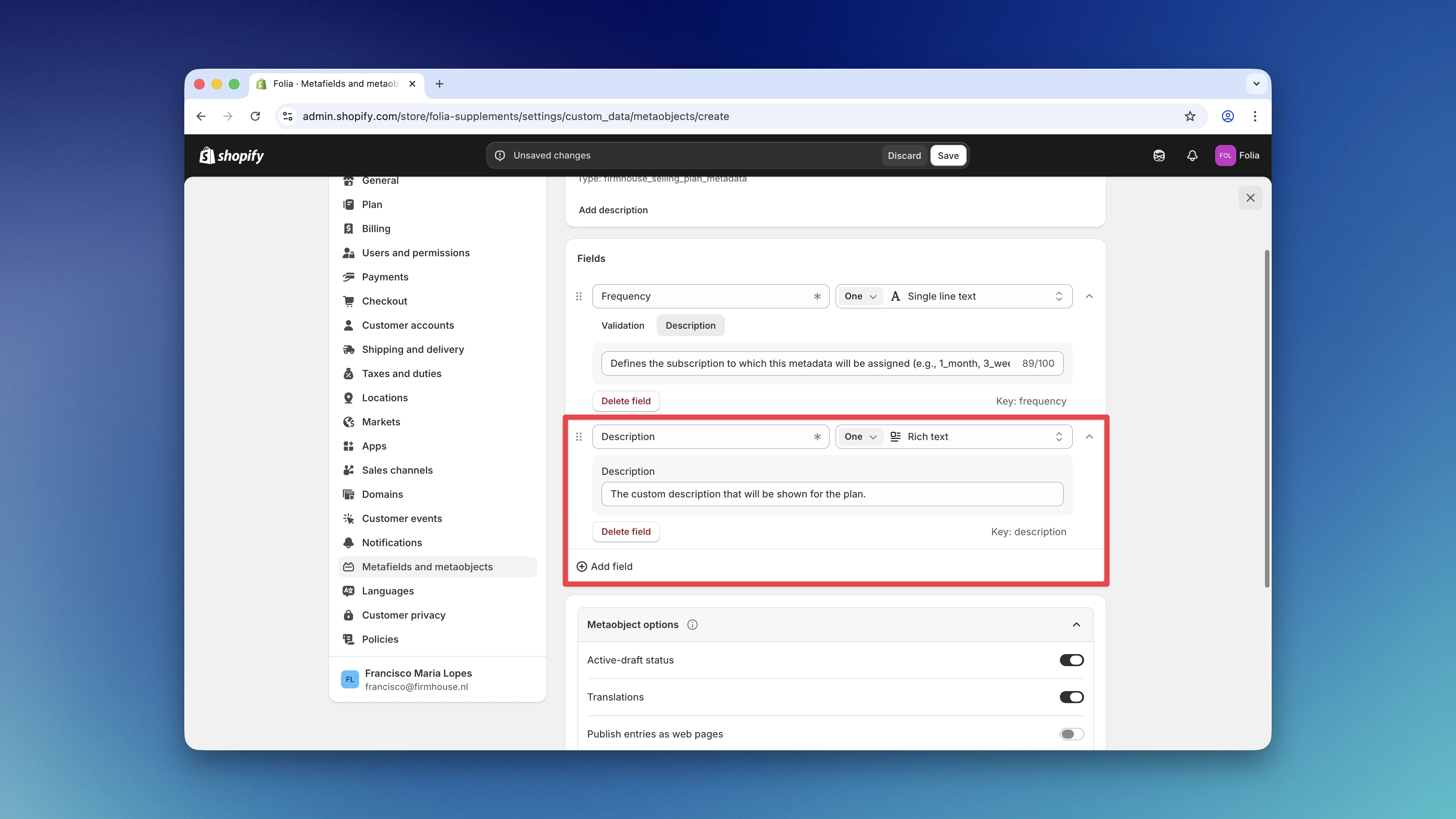 Description field configuration