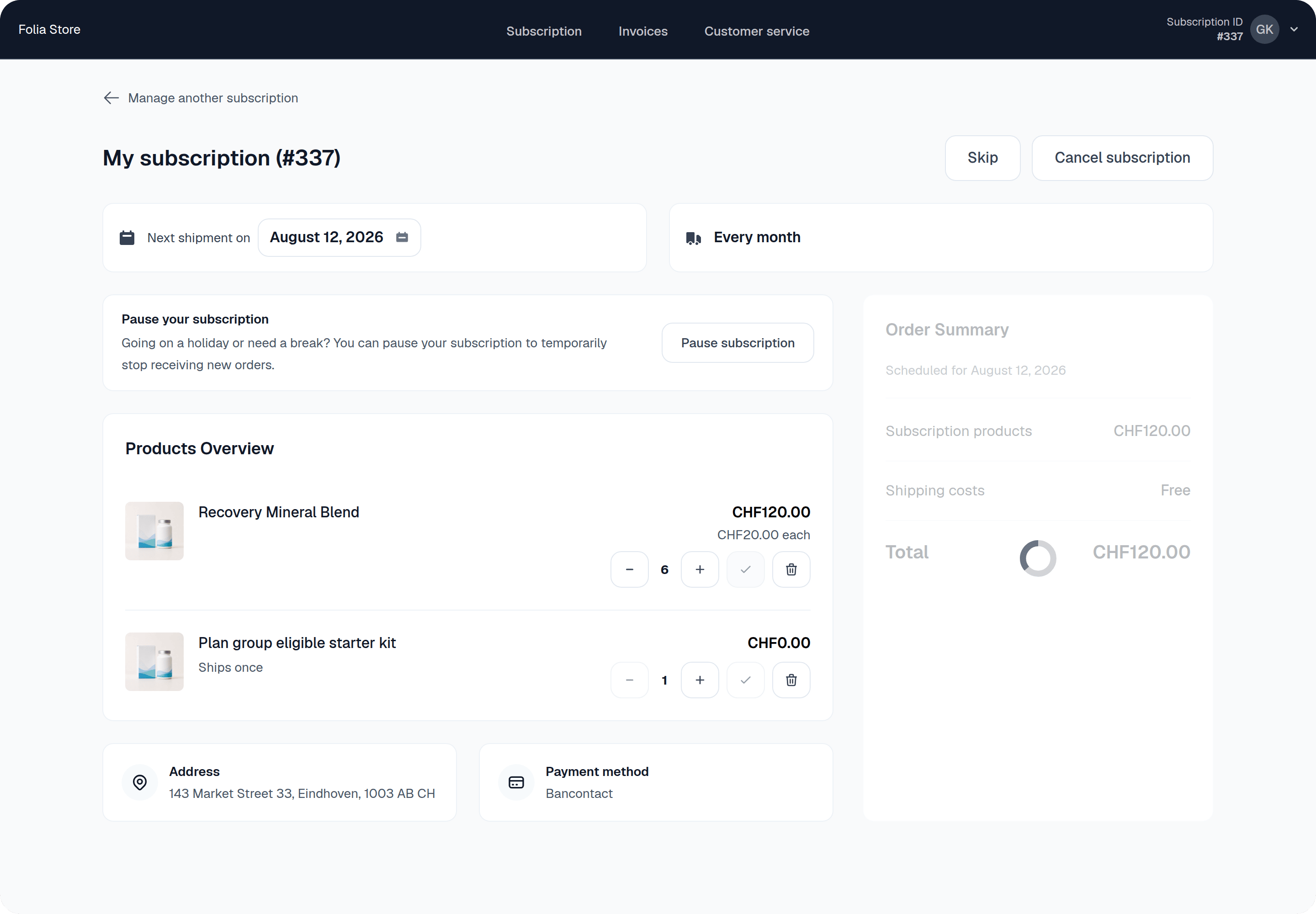 Customer Portal v2 order summary showing a loading spinner after a product quantity change