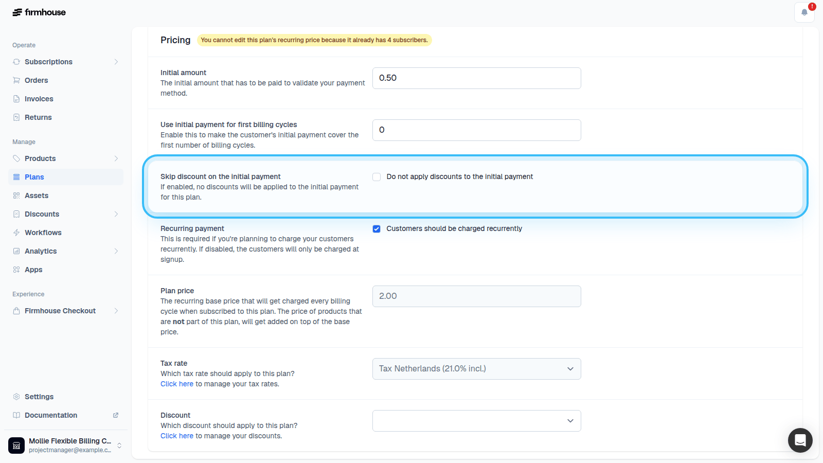 Skip discount on initial payment setting