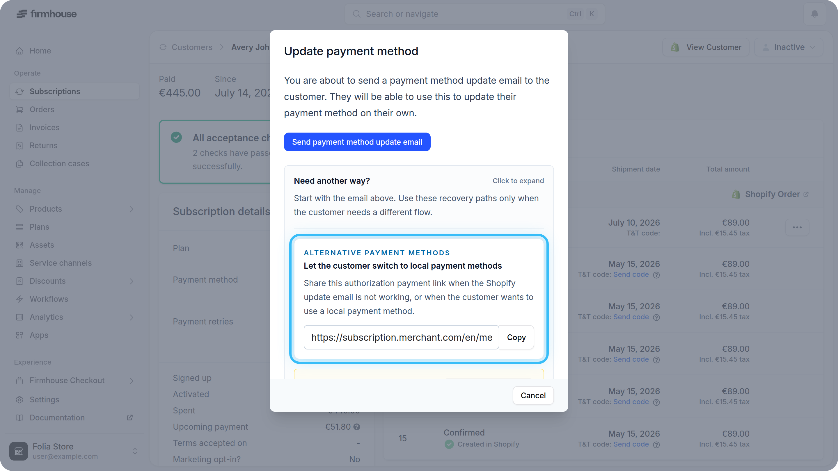 Authorization payment link in the Firmhouse Portal