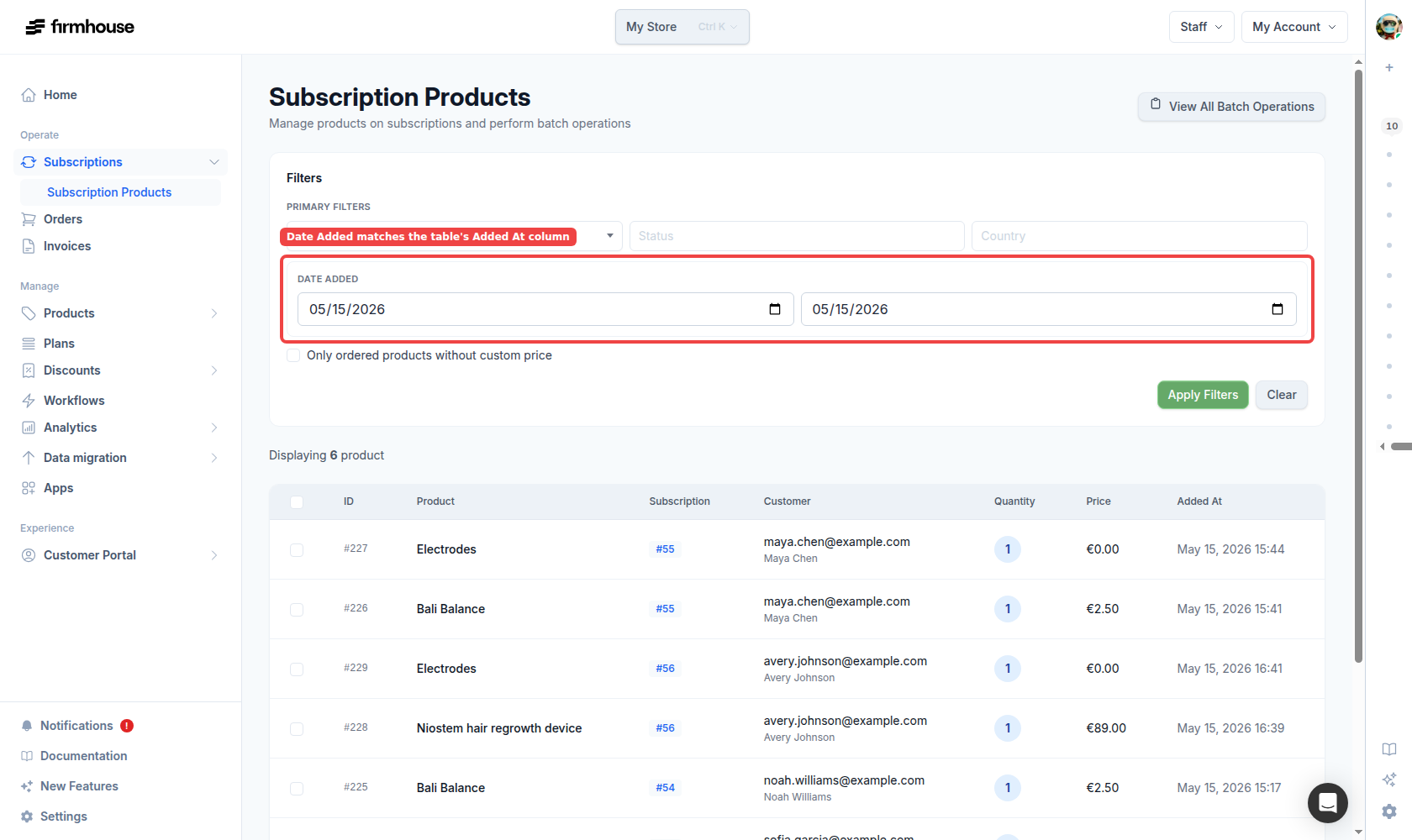 Subscription Products table filtered by the Added At date range