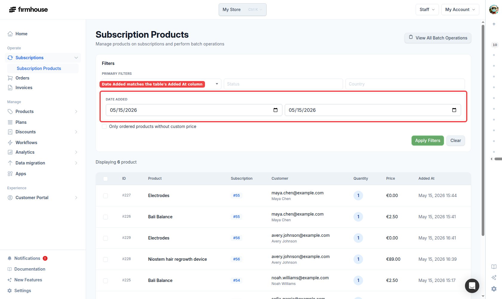 Subscription Products table filtered by the Added At date range