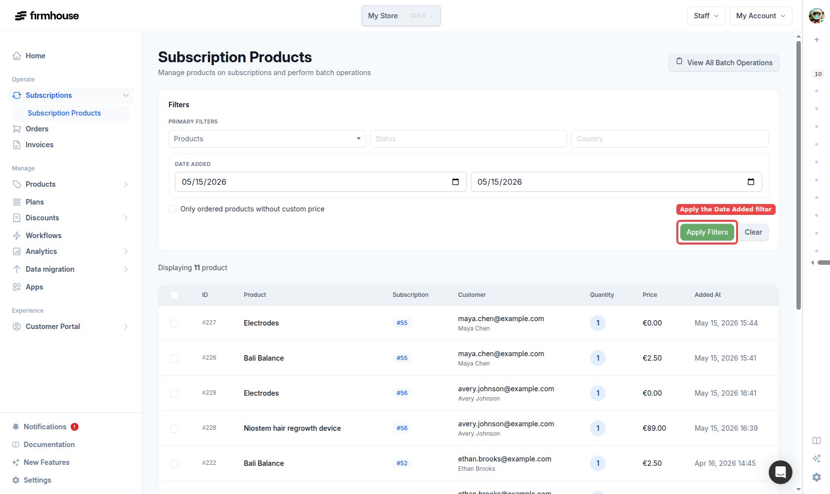 Subscription Products date added filter before applying the date range